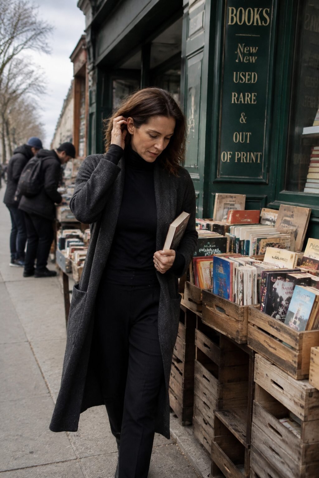 elegant Halloween outfit for women over 40: charcoal maxi cardigan coat over a black turtleneck and tailored trousers