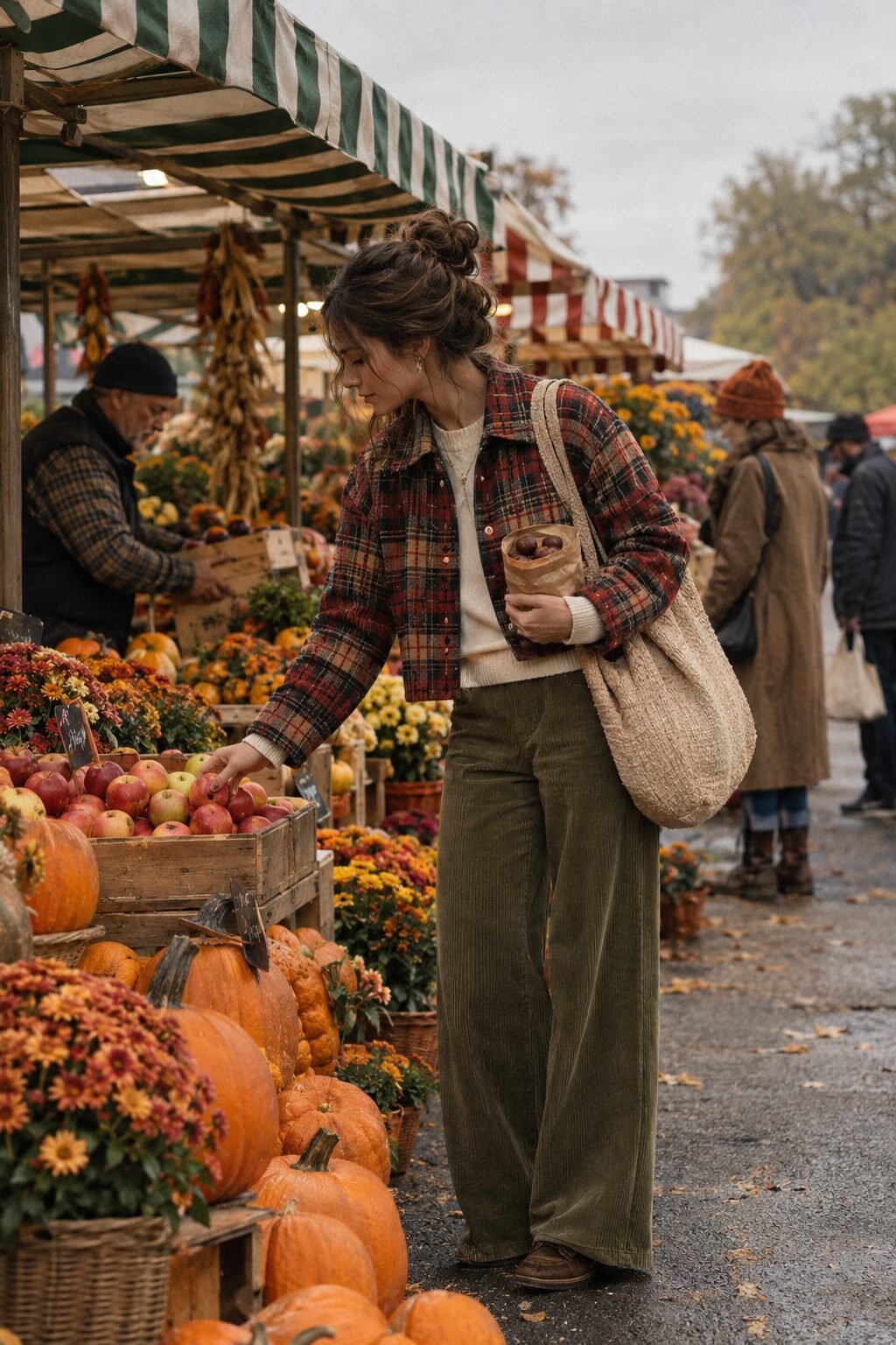 parisian chic fall outfit: quilted tartan jacket, olive corduroy trousers, and a woven tote bag for a market day