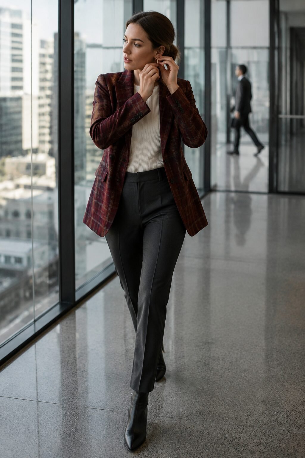 burgundy plaid blazer outfit for a fall work meeting, plaid jacket with charcoal trousers
