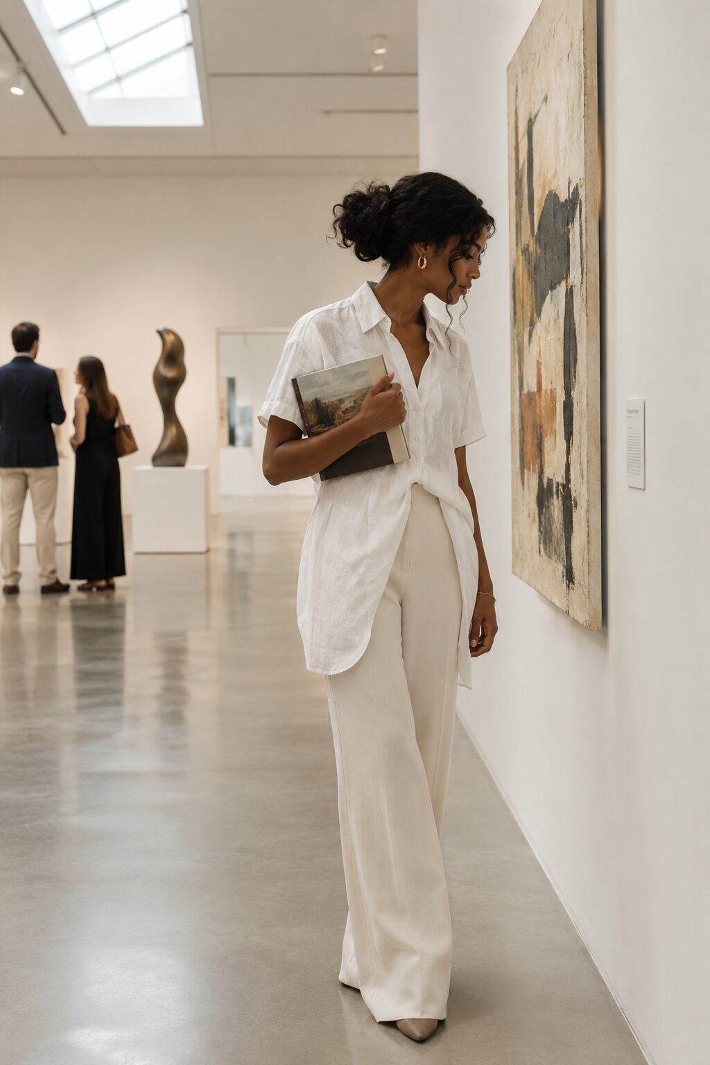linen dress layering outfit: linen mini dress worn as a tunic over ecru wide-leg trousers