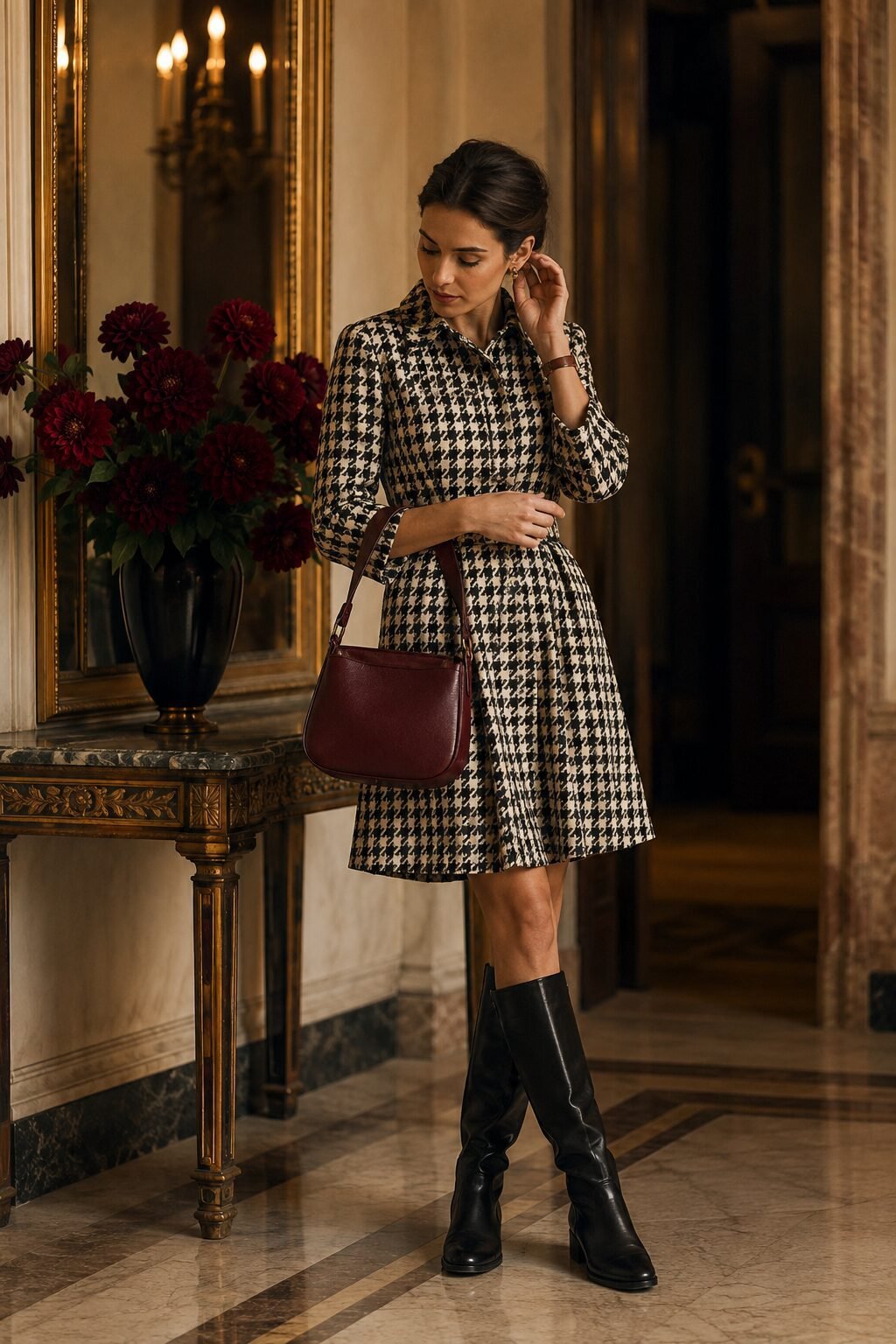 dressy old money halloween outfit: black and white houndstooth shirtdress with tall riding boots