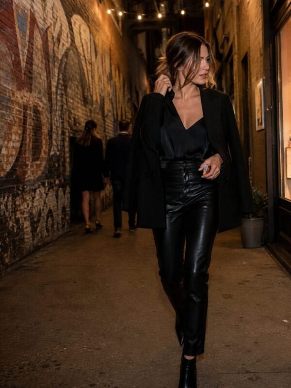 How to style a black blazer with leather pants