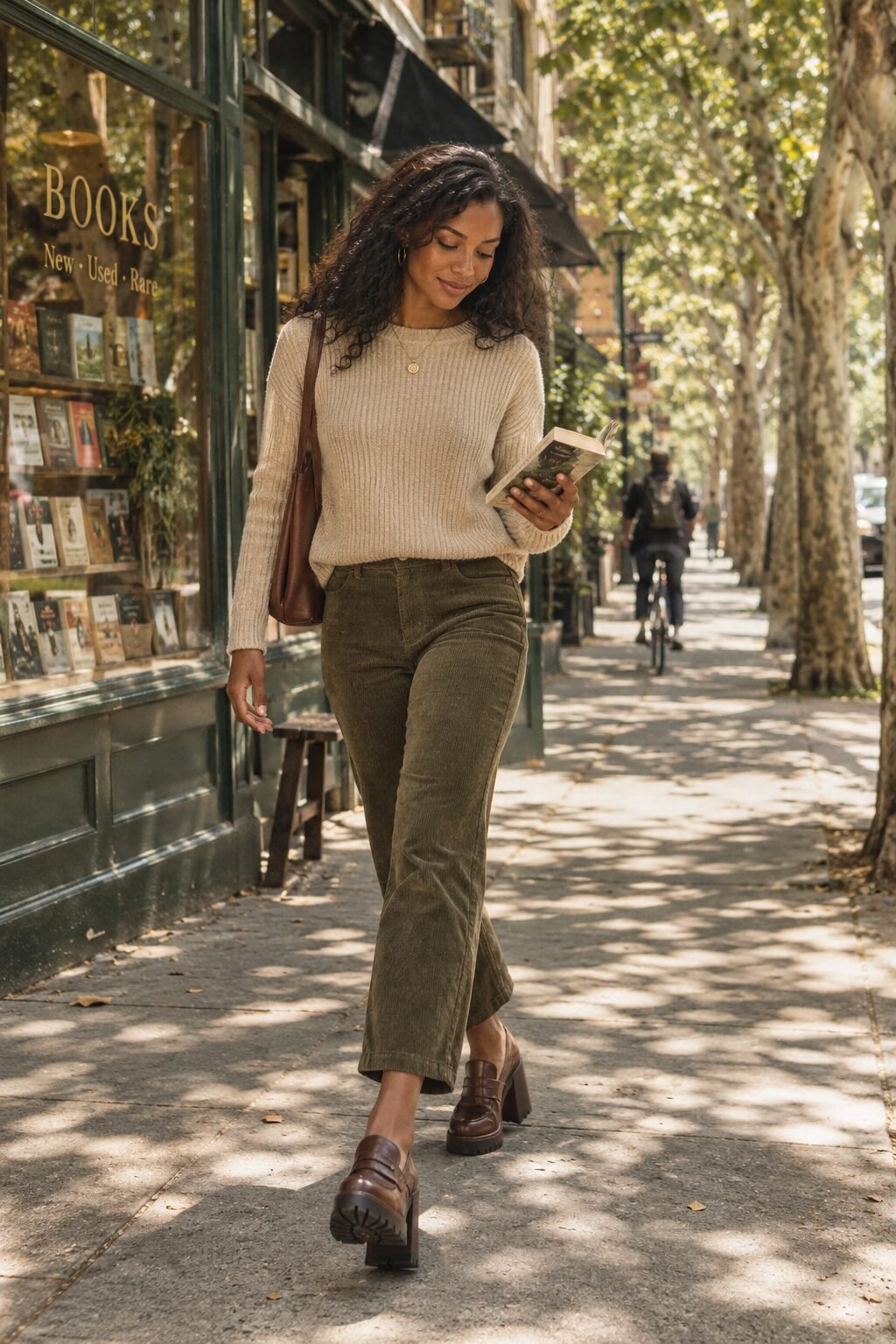 comfortable elegant heels for casual Friday: platform loafer heels with olive corduroy trousers and a beige ribbed sweater