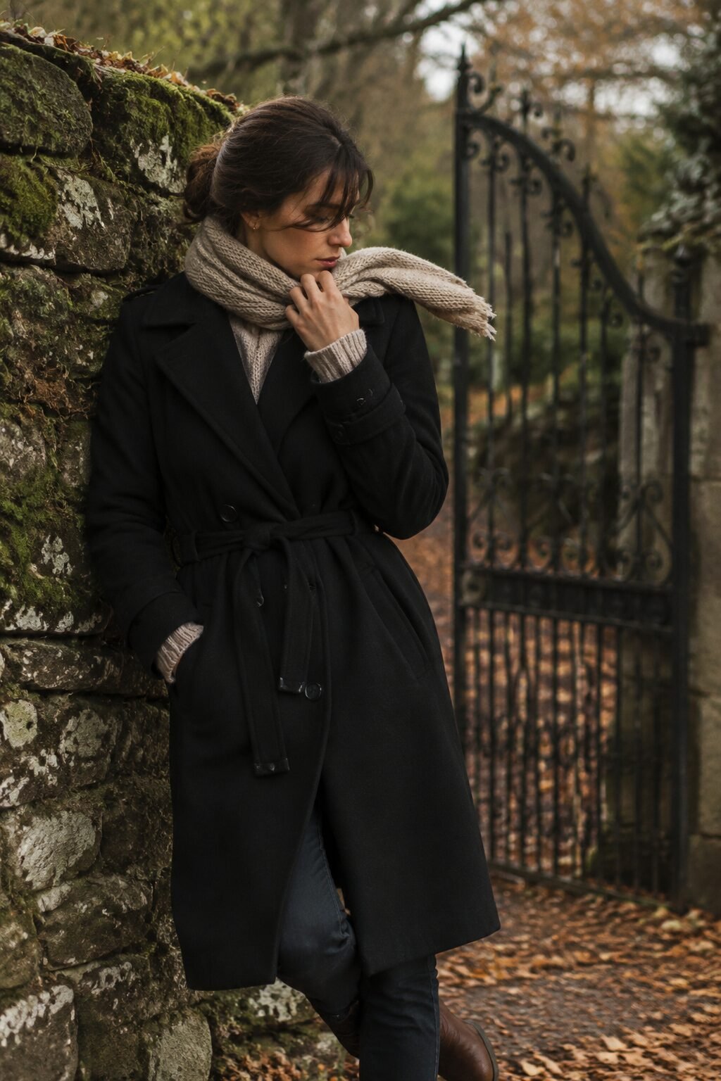 how to style a black trench coat with a knit sweater: trim black trench over an oversized oatmeal knit sweater and slim dark denim