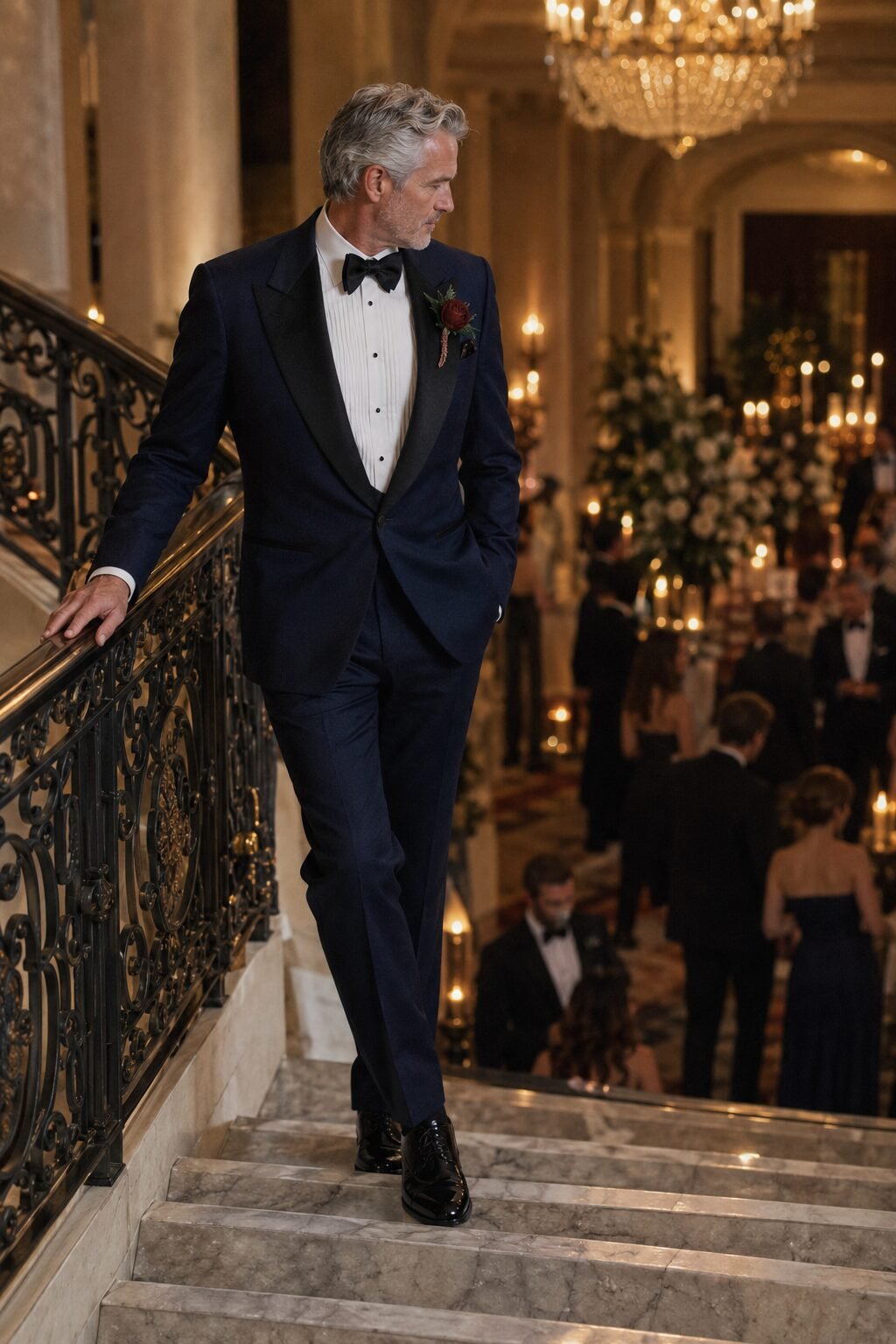 wedding guest attire for men over 50: midnight blue tuxedo jacket and trouser with a pleated tuxedo shirt and black bow tie for a formal black-tie wedding