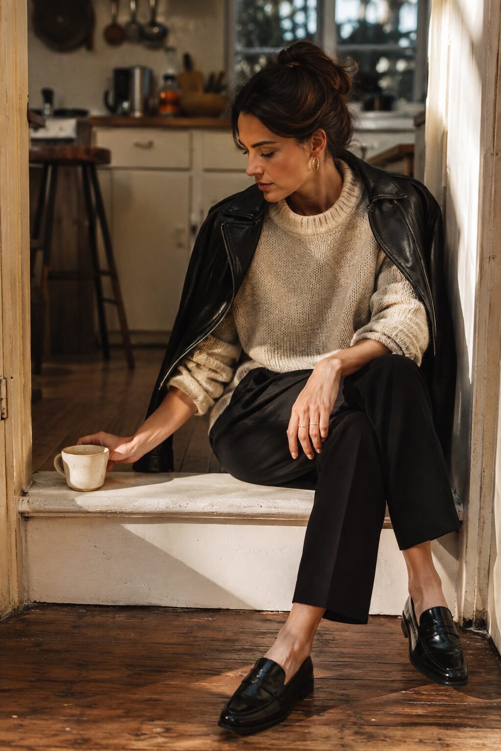 how to style a black leather jacket with an oversized oatmeal knit sweater for cozy fall weekends