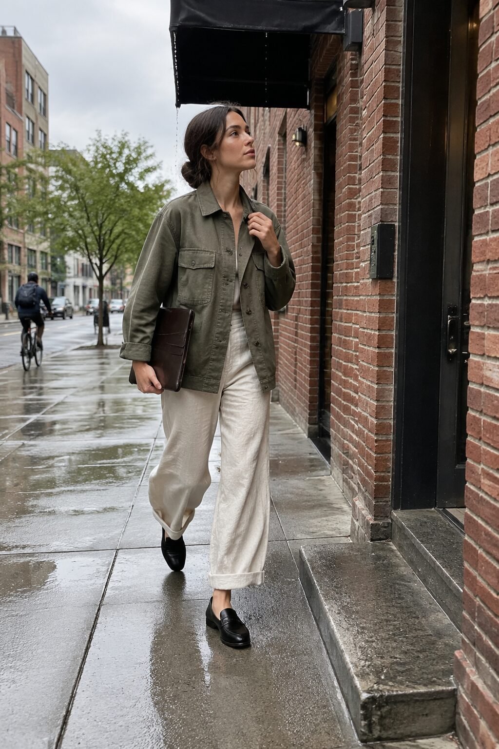 casual office rainy day outfit: olive utility shirt-jacket, wide-leg linen pants, and black penny loafers