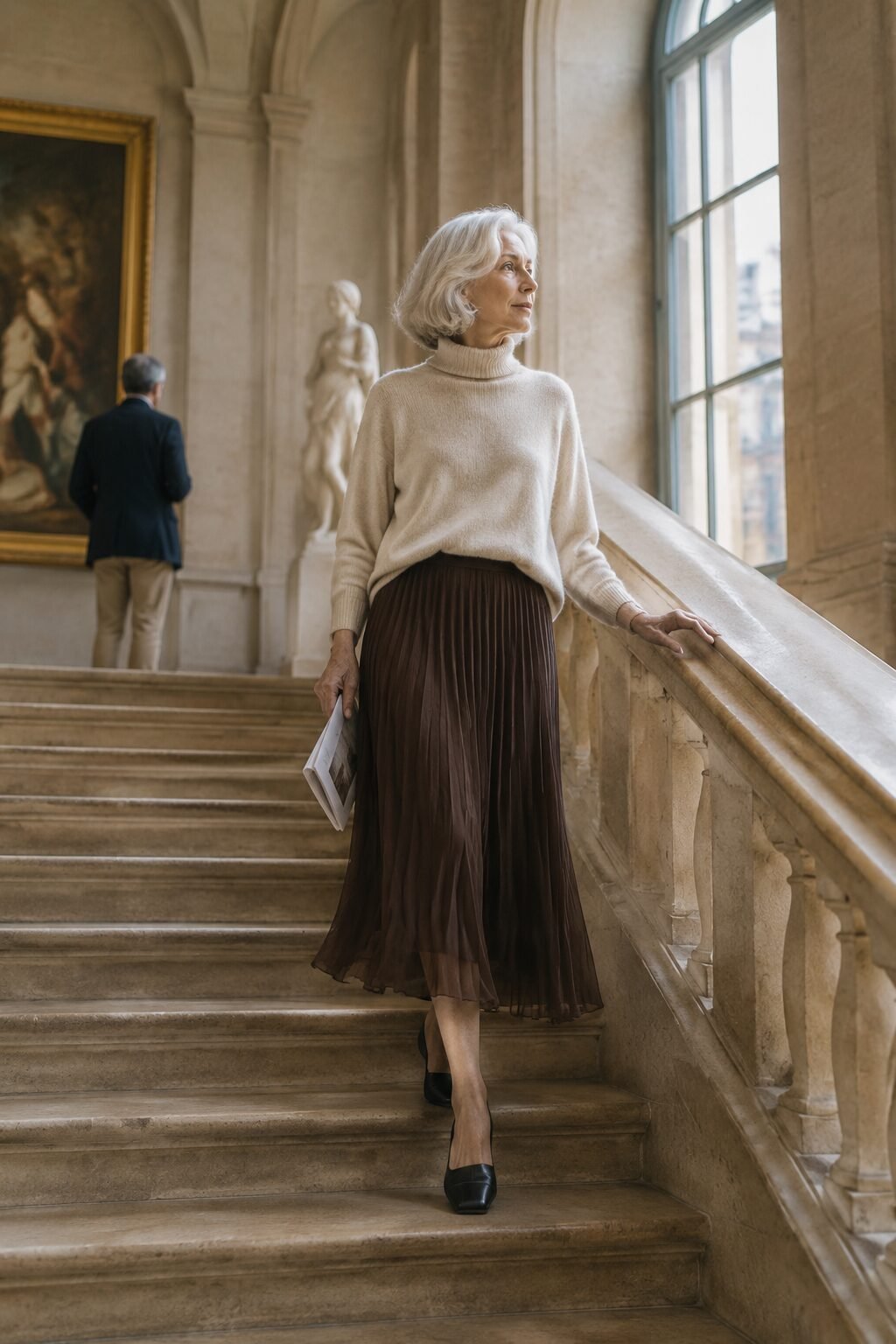 elegant outfit for women in their 70s: off-white cashmere turtleneck tucked into a dark brown pleated midi skirt