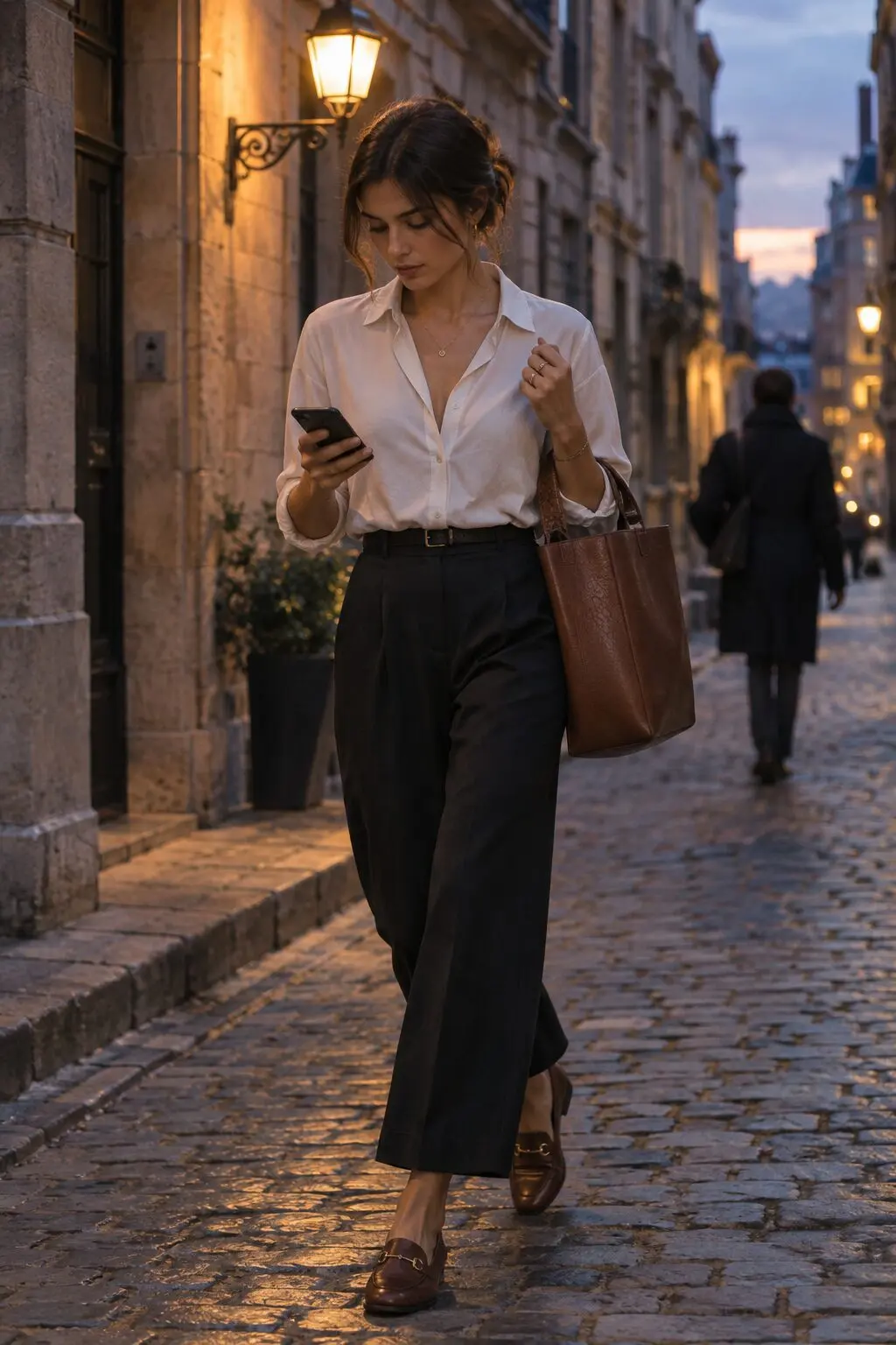 cognac leather horsebit loafers and a black tailored wide-leg ankle trouser office outfit