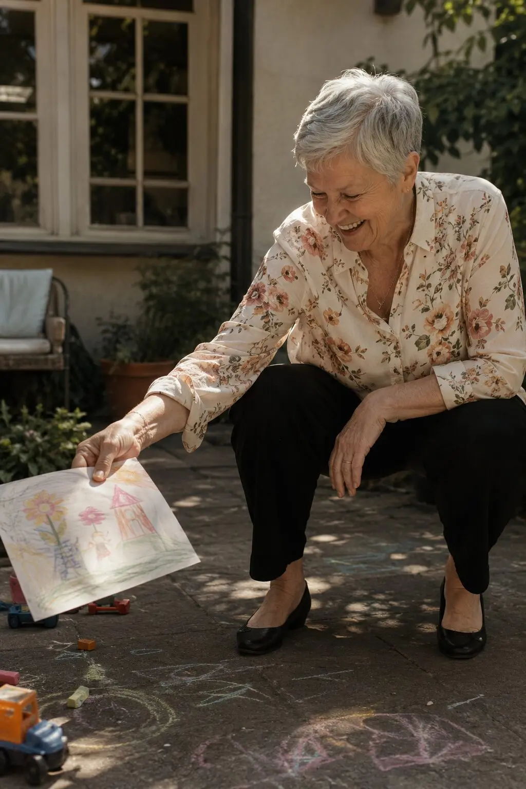 comfortable fall outfit for women in their 70s: cream floral blouse and black trousers