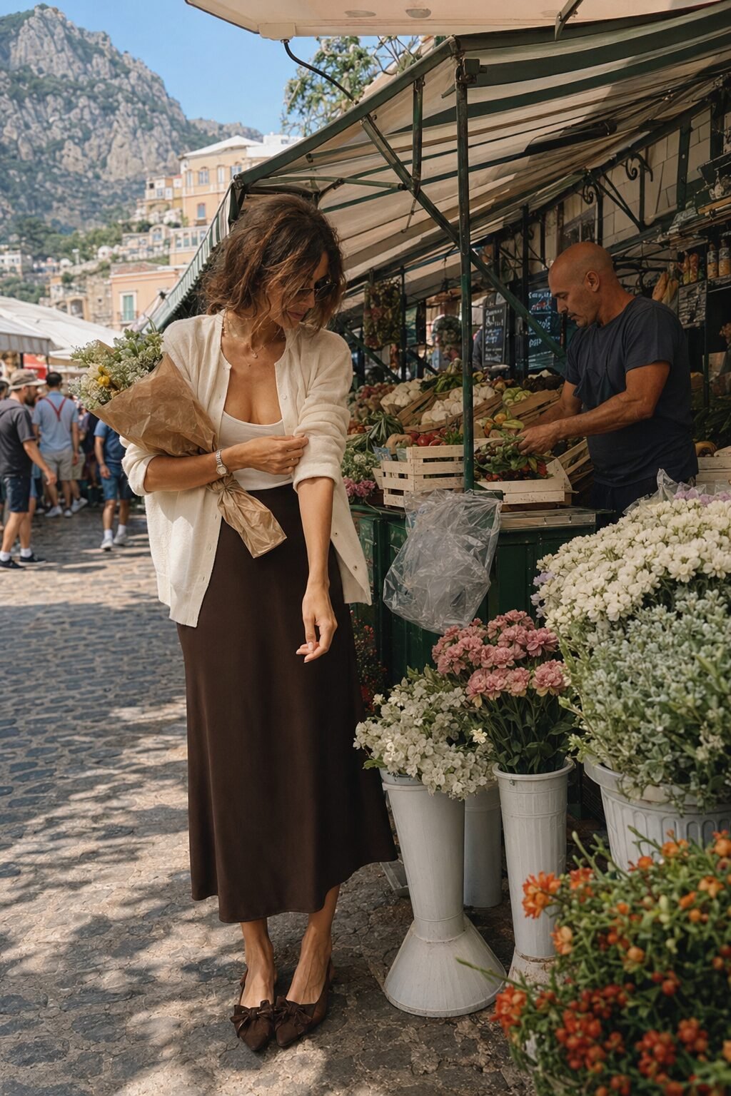 elegant outfits for running late: chocolate brown slip skirt, ivory tank, and oversized ivory cardigan