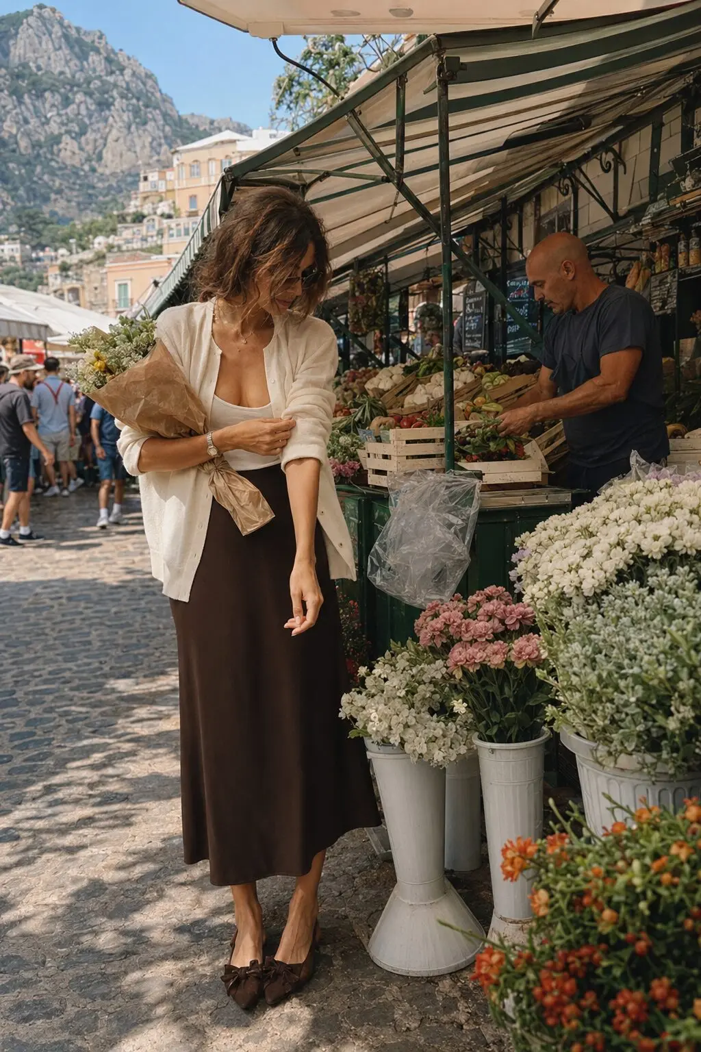elegant outfits for running late: chocolate brown slip skirt, ivory tank, and oversized ivory cardigan