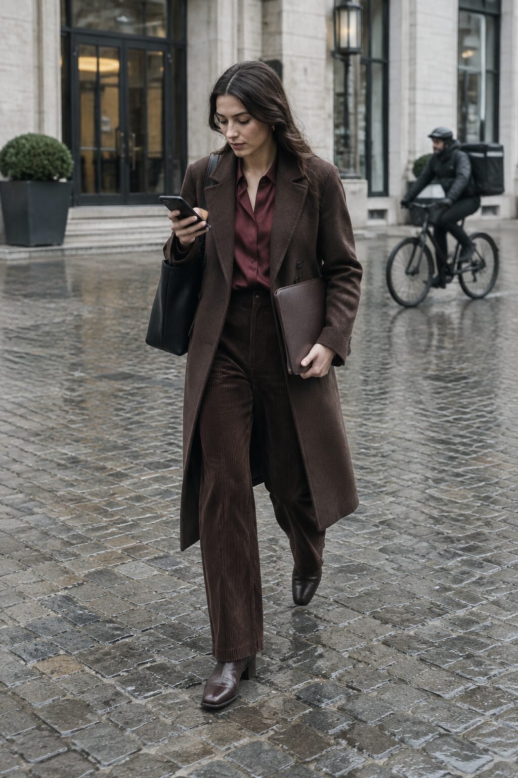 open chocolate brown trench coat over a burgundy blouse and corduroy trousers with a black tote, important meeting outfit