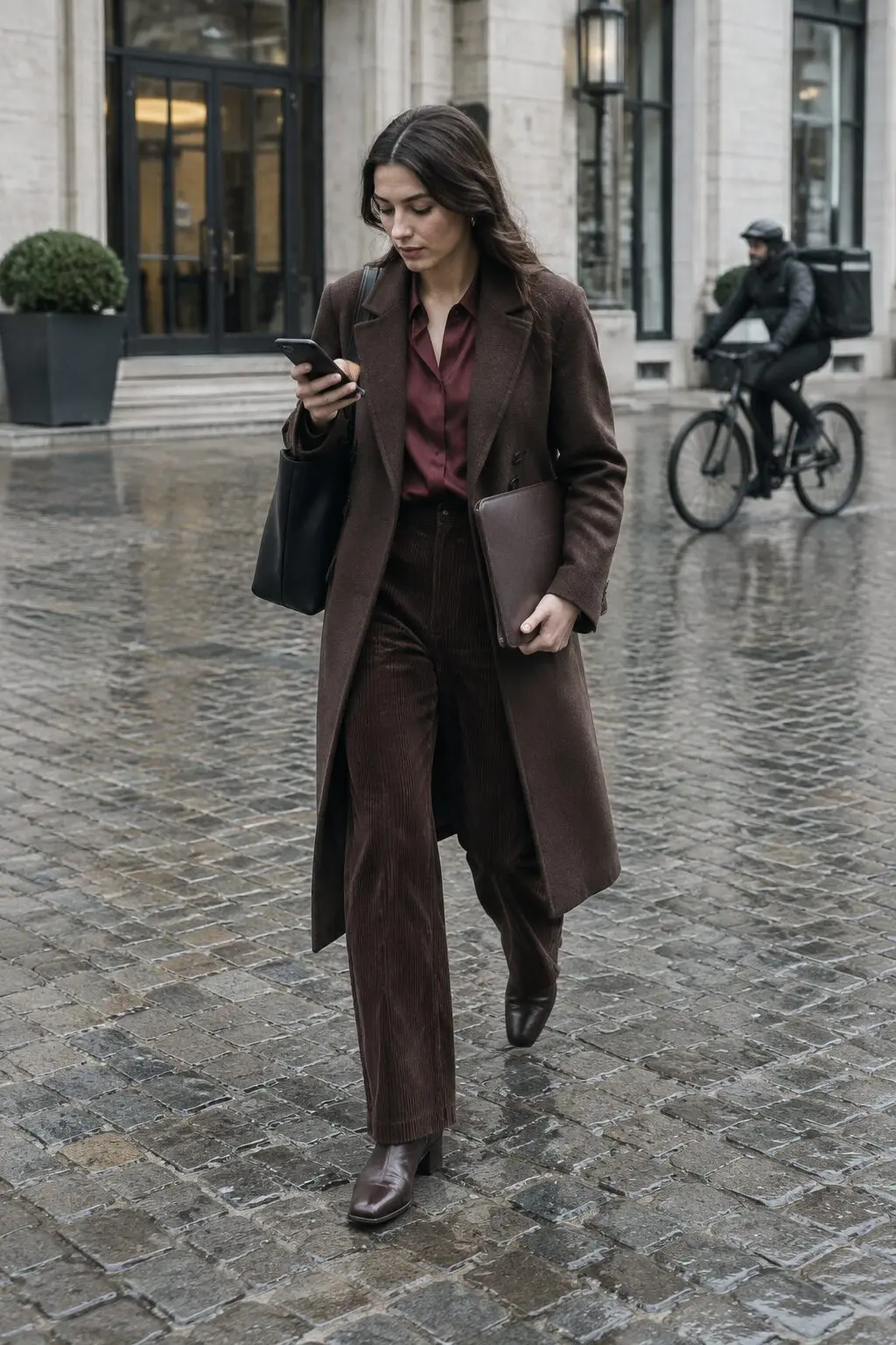 open chocolate brown trench coat over a burgundy blouse and corduroy trousers with a black tote, important meeting outfit