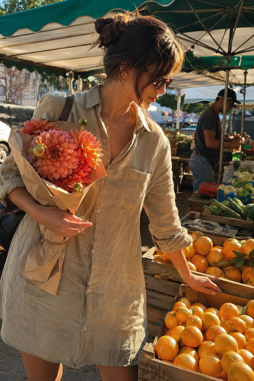 no-effort elegant outfit: sun-bleached khaki relaxed linen shirtdress for a weekend farmers market