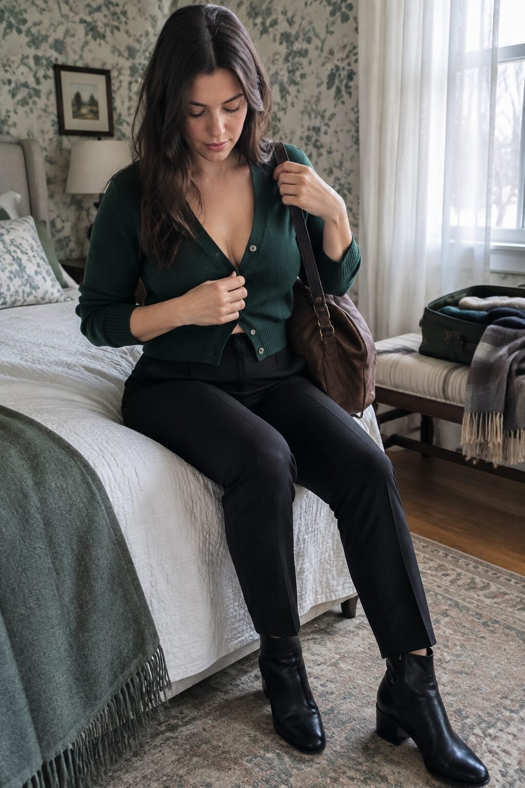 weekend visit outfit for meeting his family: deep green cropped cardigan with black wool ankle trousers and ankle boots