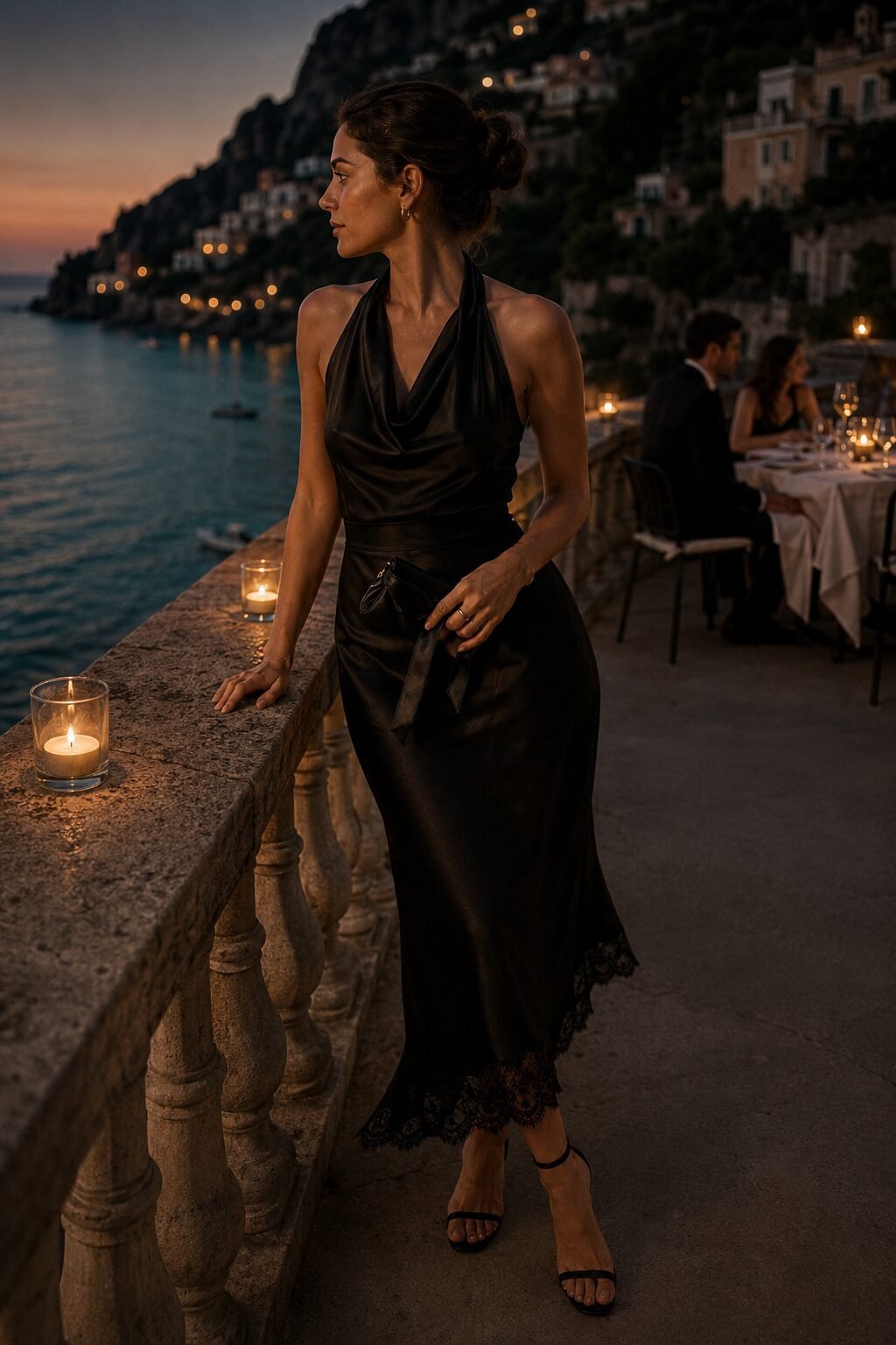 elevated dinner party halloween outfit: black silk halter top with a black silk lace-hem midi skirt