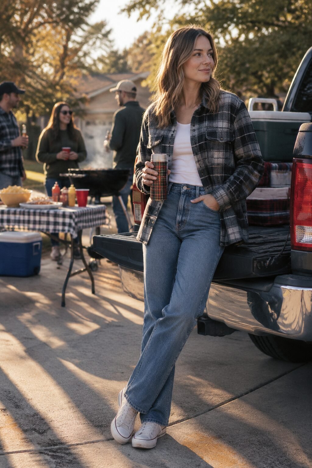 thanksgiving football watching outfit: plaid flannel shirt-jacket over straight jeans