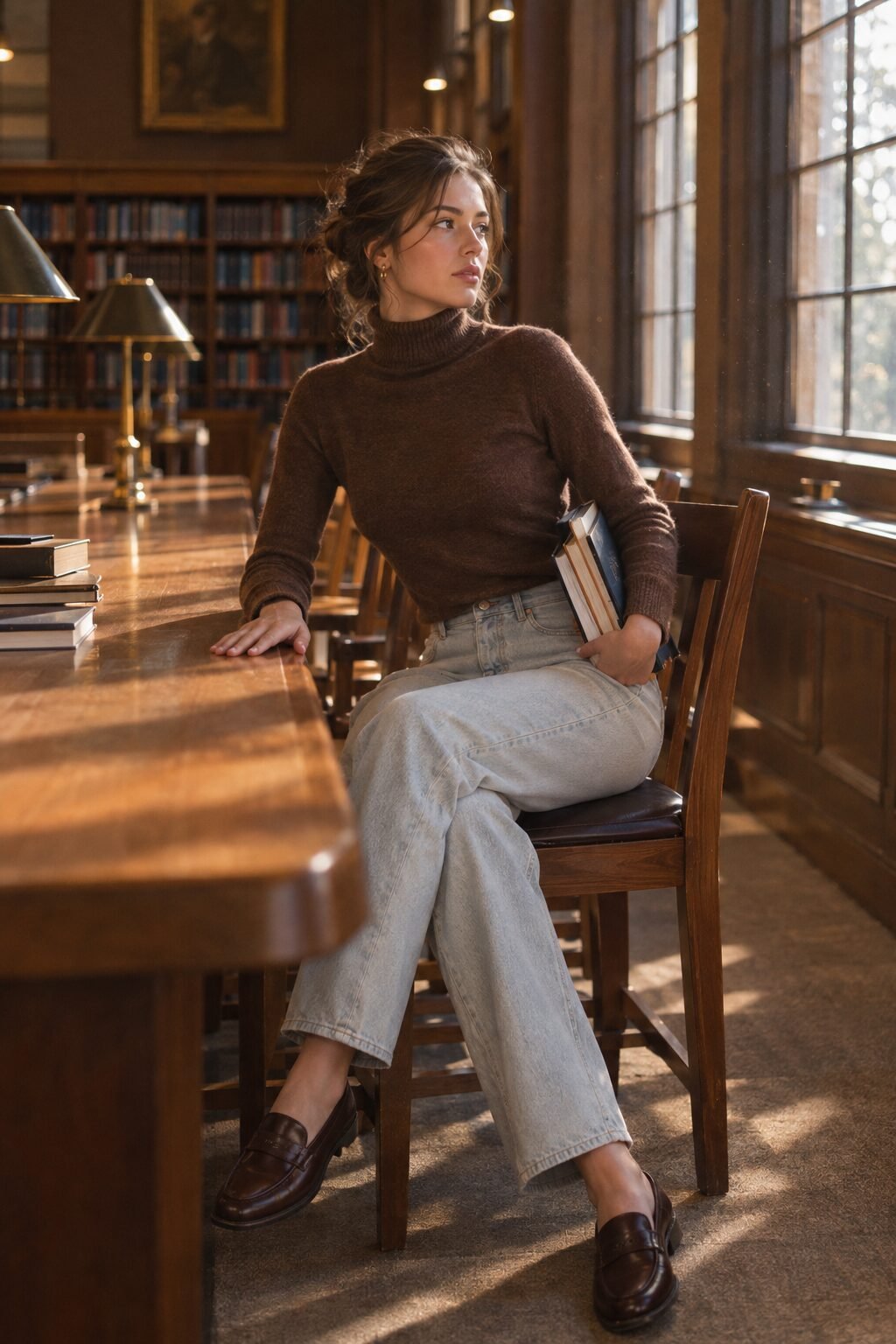 elevated college outfit: brown cashmere turtleneck with straight-leg jeans and cocoa leather penny loafers