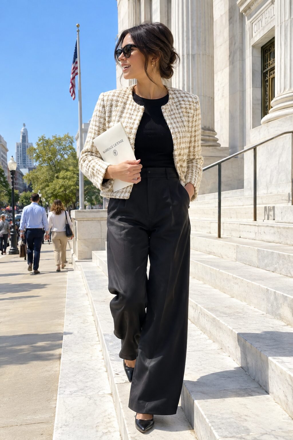 city hall wedding guest outfit: cream houndstooth tweed jacket with black wide-leg trousers