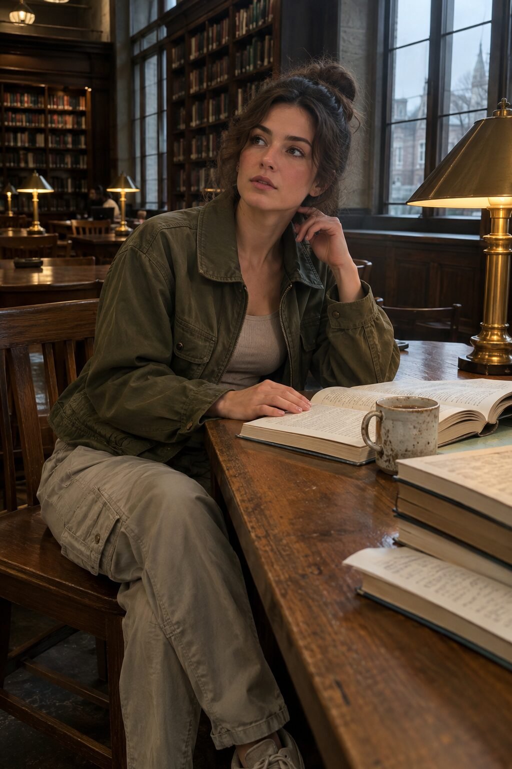 cozy fall study day outfit: olive utility jacket with cargo sweatpants for a long library session