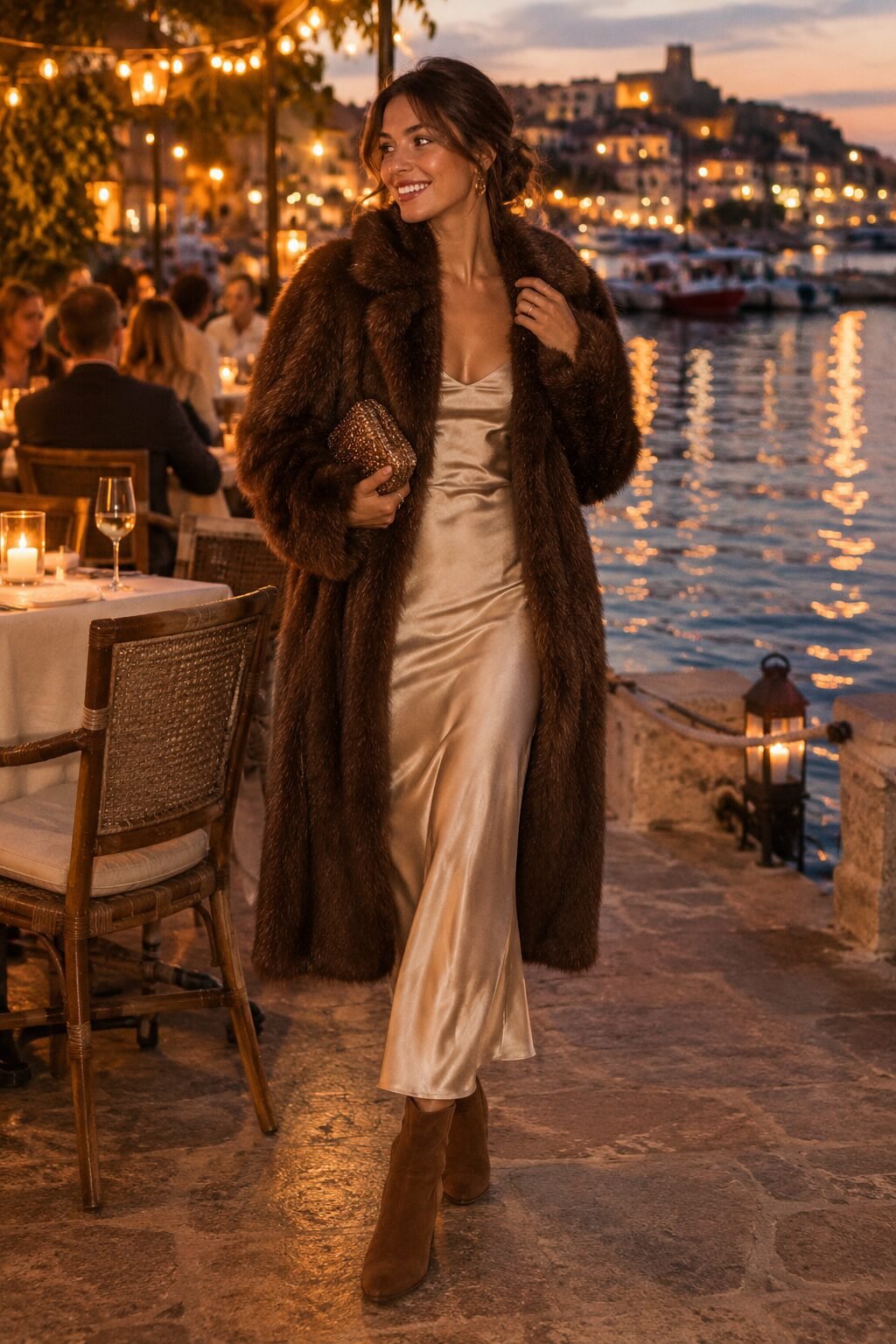 old money evening outfit: espresso faux fur coat over a champagne silk slip dress with suede ankle boots
