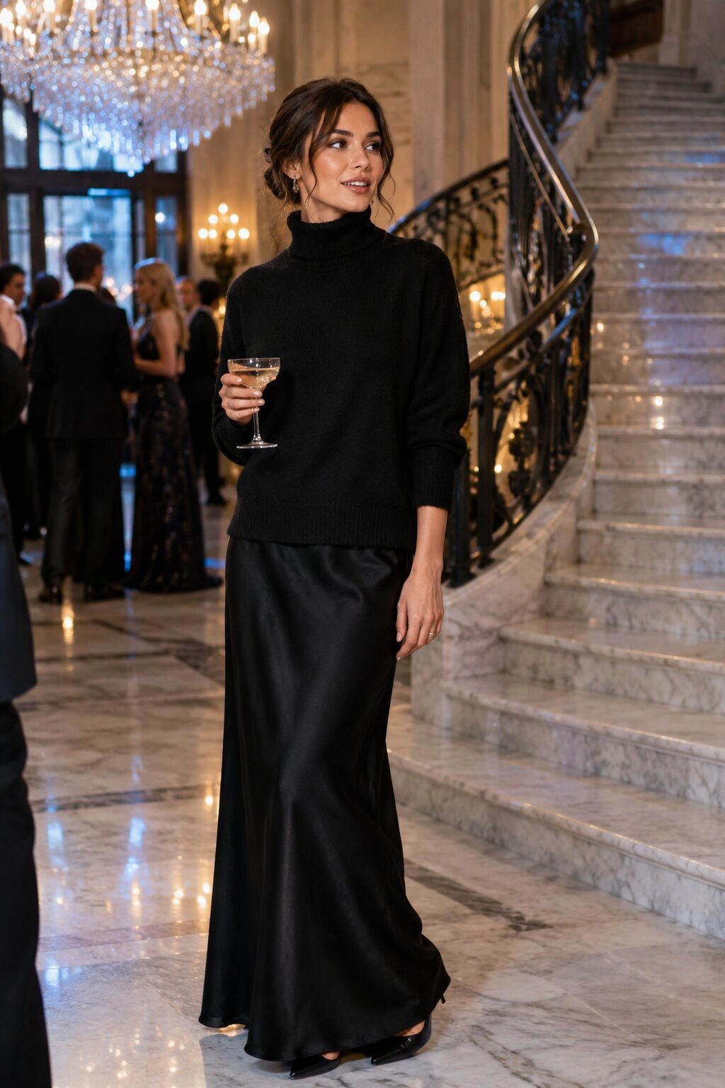 New Year's Eve winter country club outfit: black silk slip dress layered under a black cashmere turtleneck