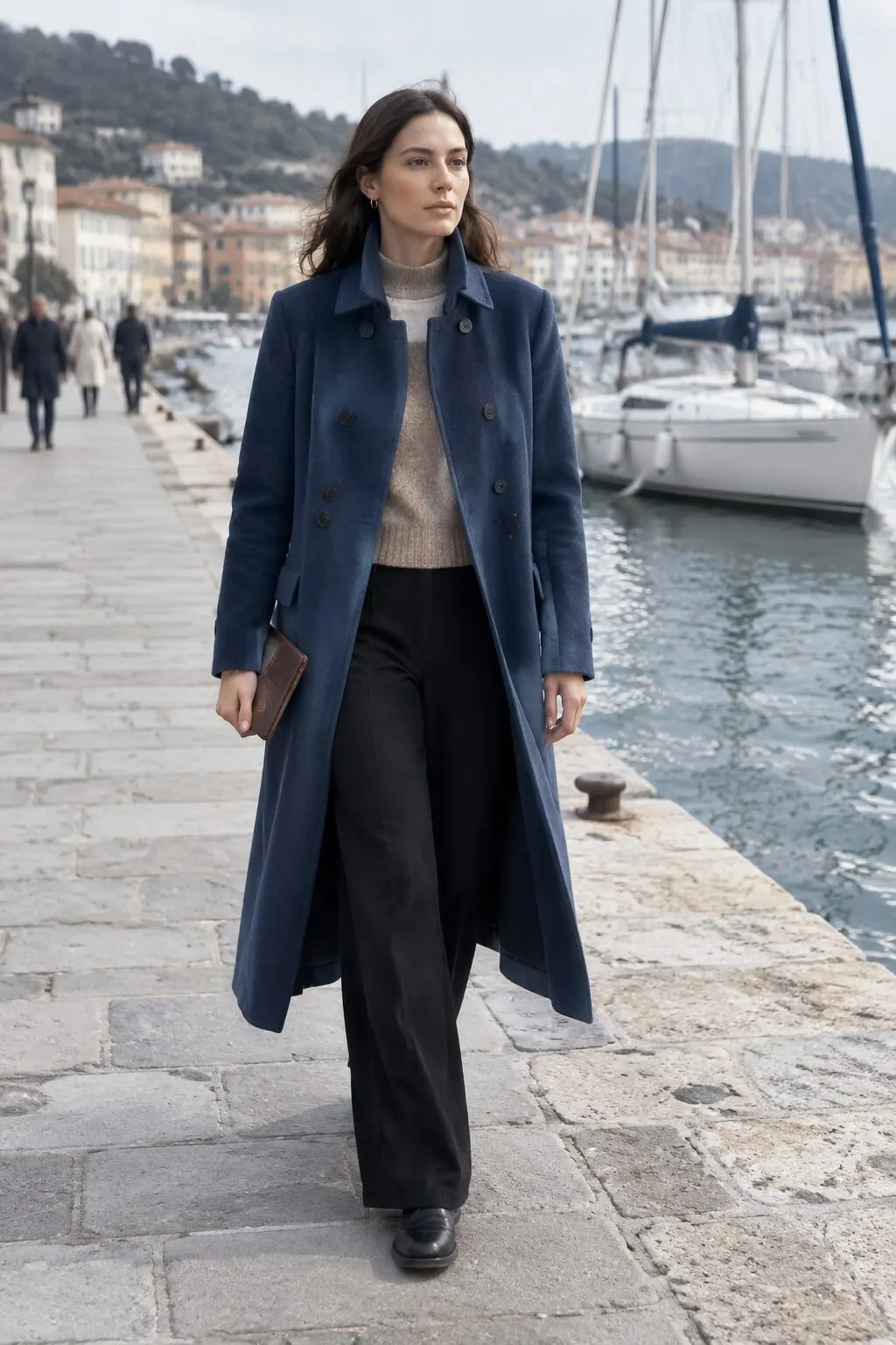 old money winter jacket outfit: double-breasted cadet blue wool coat over a camel ivory sweater and black wide-leg trousers