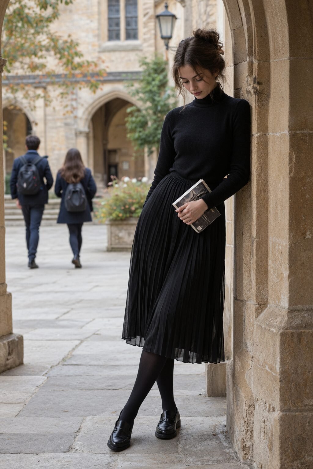 black turtleneck outfit for women with pleated midi skirt, opaque tights, and loafers for a fall day out