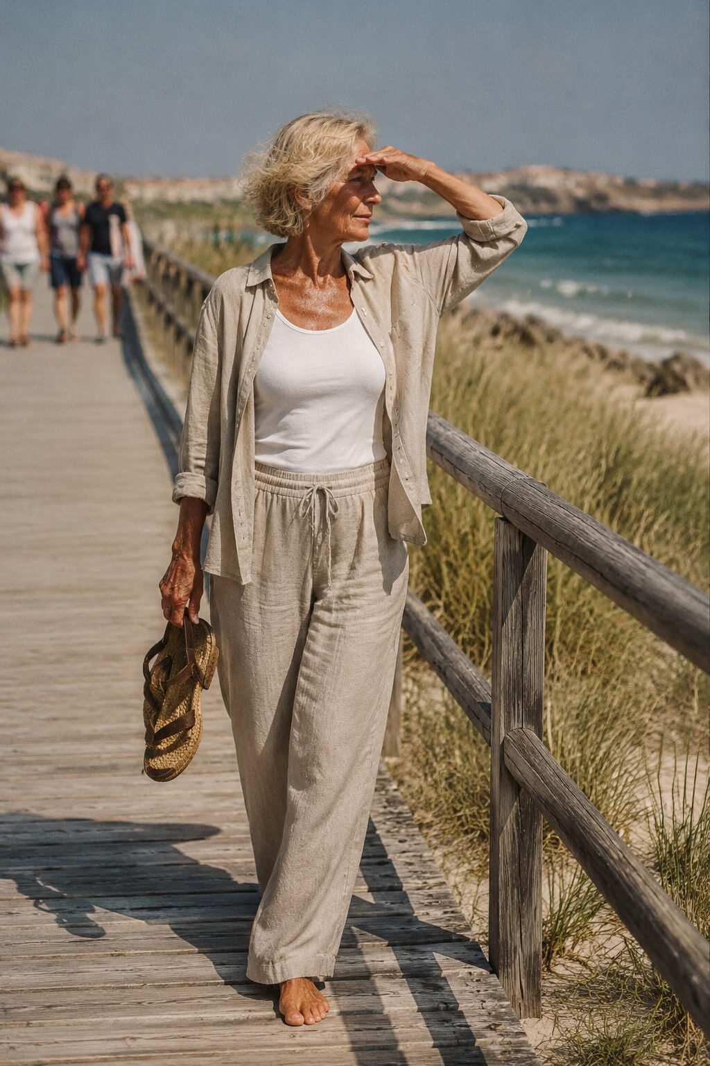 open natural flax linen shirt over white tank with wide-leg linen pant, breezy summer boardwalk outfit for women in their 70s