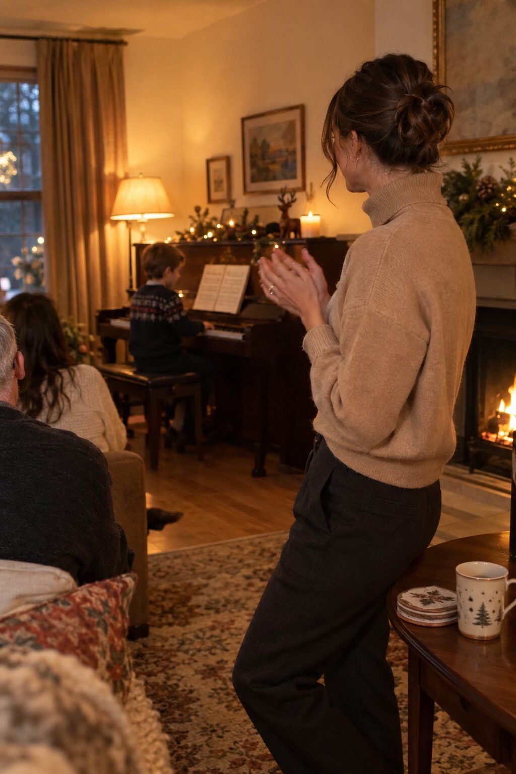 elegant woman redirecting attention and applause toward another guest at a holiday gathering