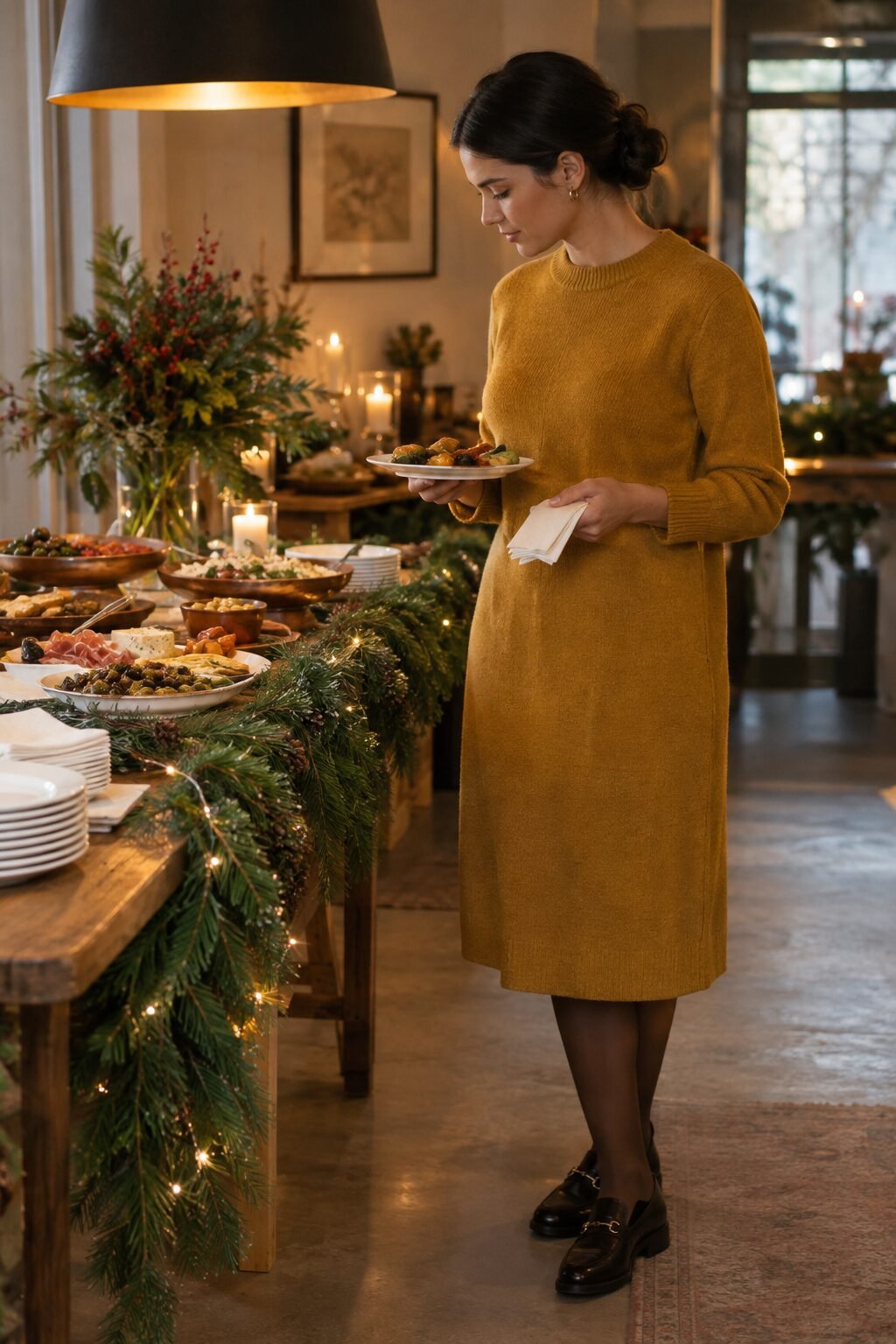 Woman taking a small appetizer with a napkin at a holiday party buffet table