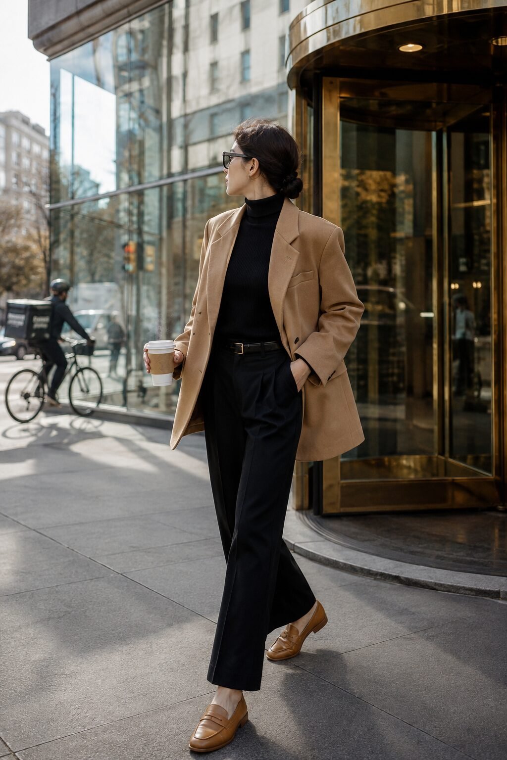 how to style a black turtleneck with an oversized camel blazer and tailored trousers for the office