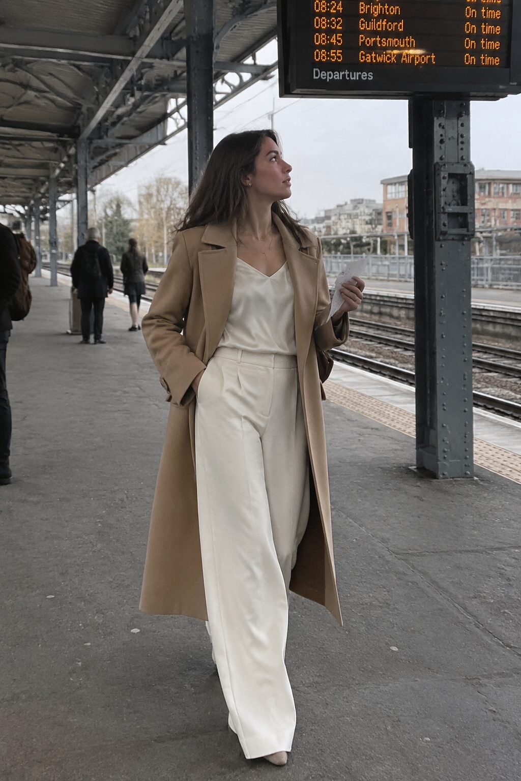 silk camisole worn under an open trench coat with wide-leg trousers