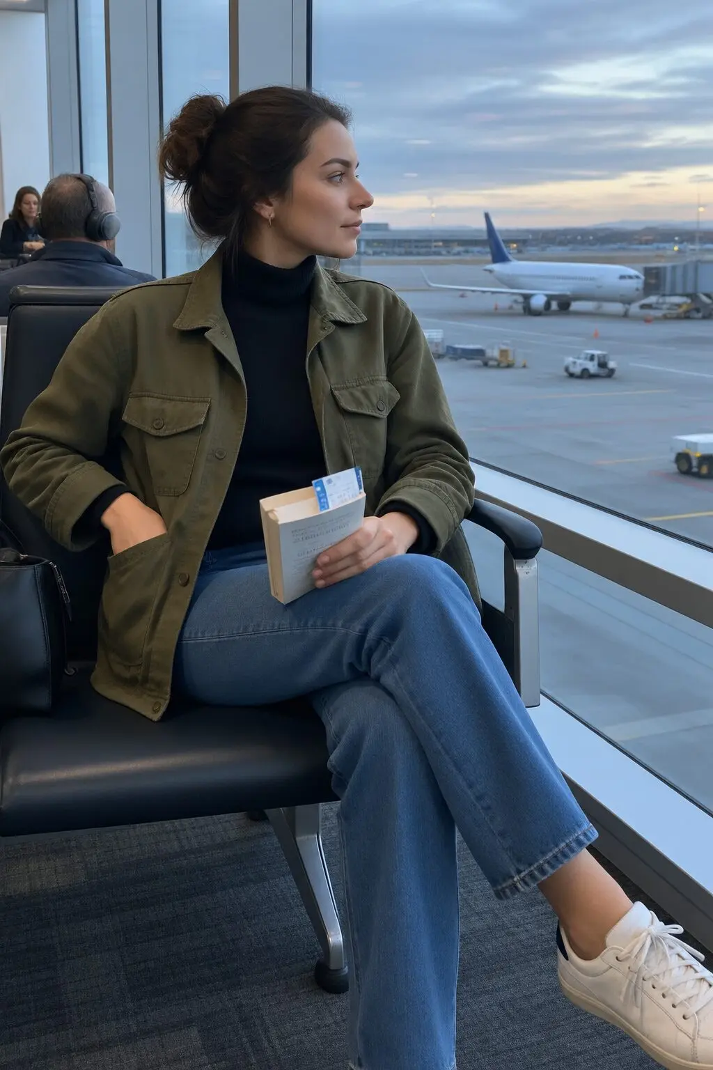 olive utility barn jacket travel outfit with black cashmere turtleneck and straight indigo jeans