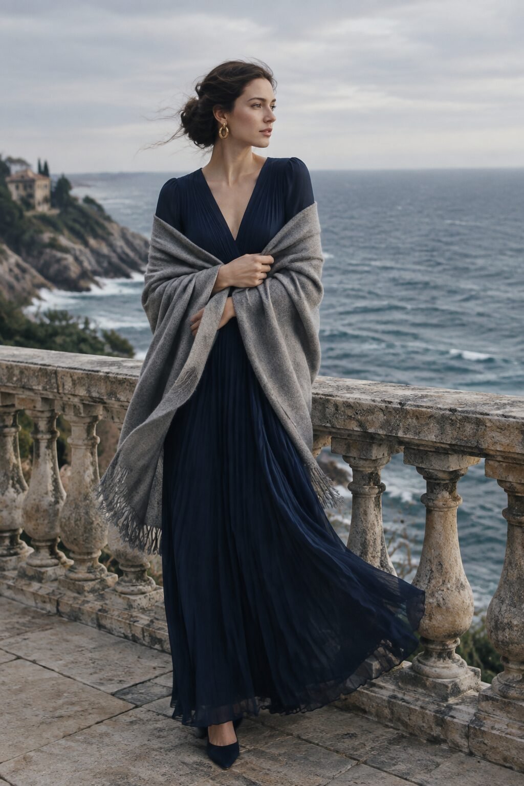 black-tie formal fall wedding guest outfit: navy puff-sleeve gown with cashmere wrap