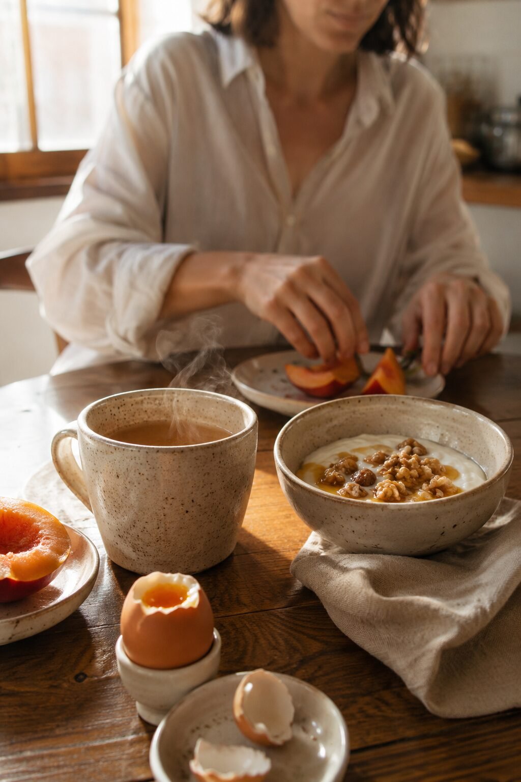 A simple elegant breakfast of yogurt, eggs, and fruit