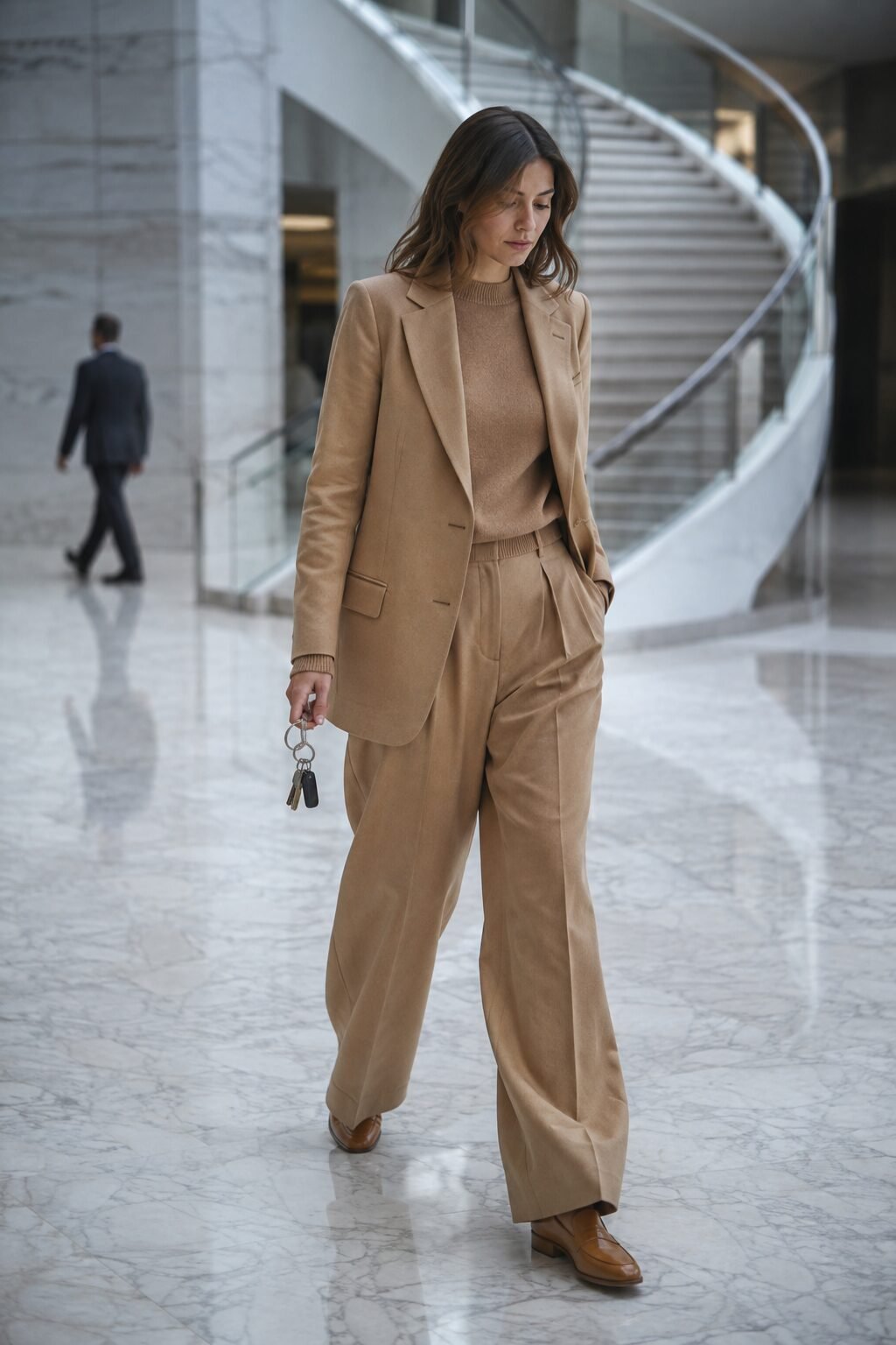 woman wearing a tonal cashmere sweater under a monochrome suit trouser set for the office
