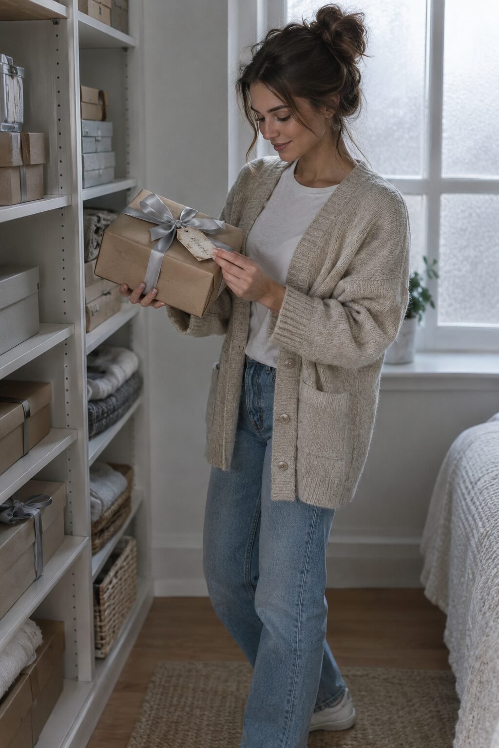 woman inspecting an unused, still-boxed gift item before deciding whether to regift it