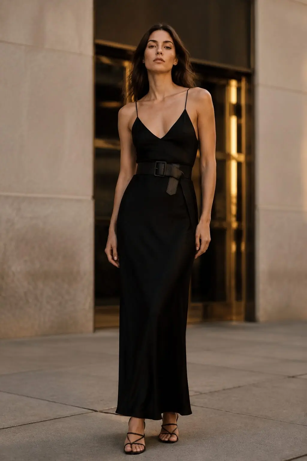 black bias slip dress cinched at the waist with a wide black leather belt, office to evening outfit
