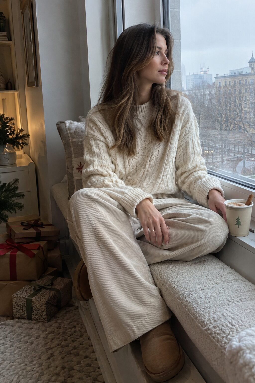 casual elegant christmas morning outfit: cream cable-knit fisherman sweater with cream corduroy wide-leg trousers