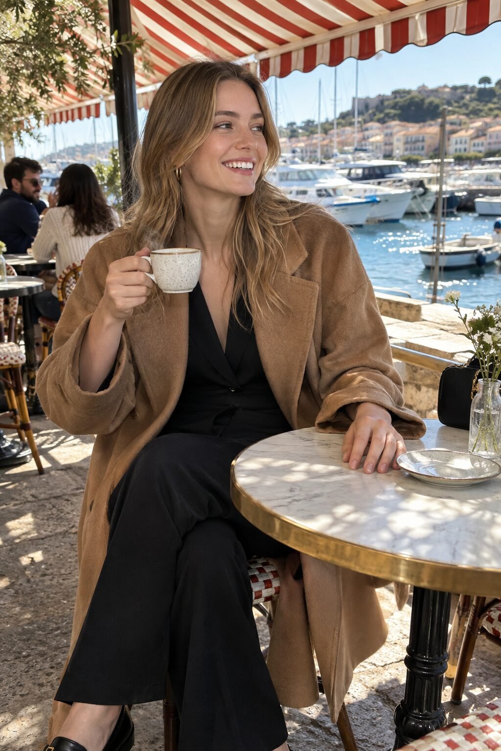woman wearing a camel wool coat over a black jumpsuit for weekend brunch