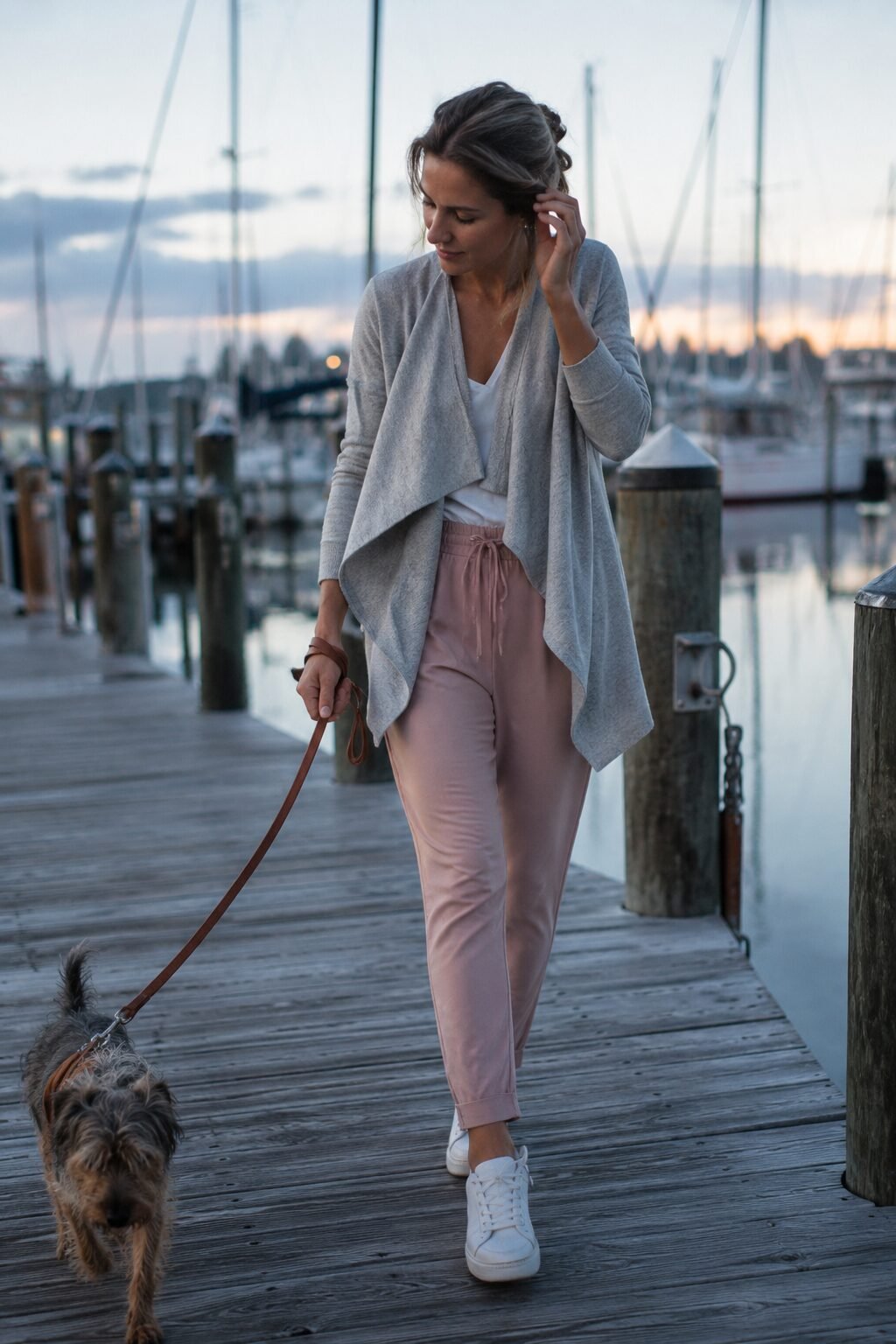 cozy elevated errand outfit: heather grey wrap cardigan over dusty blush tapered joggers