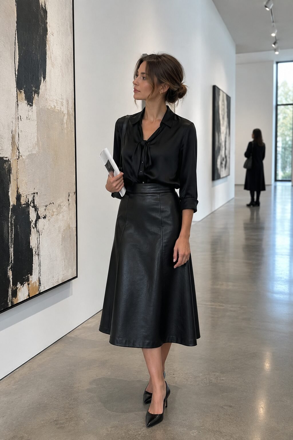 quiet luxury valentines day outfit idea: black tie-front satin blouse with a vegan leather midi skirt