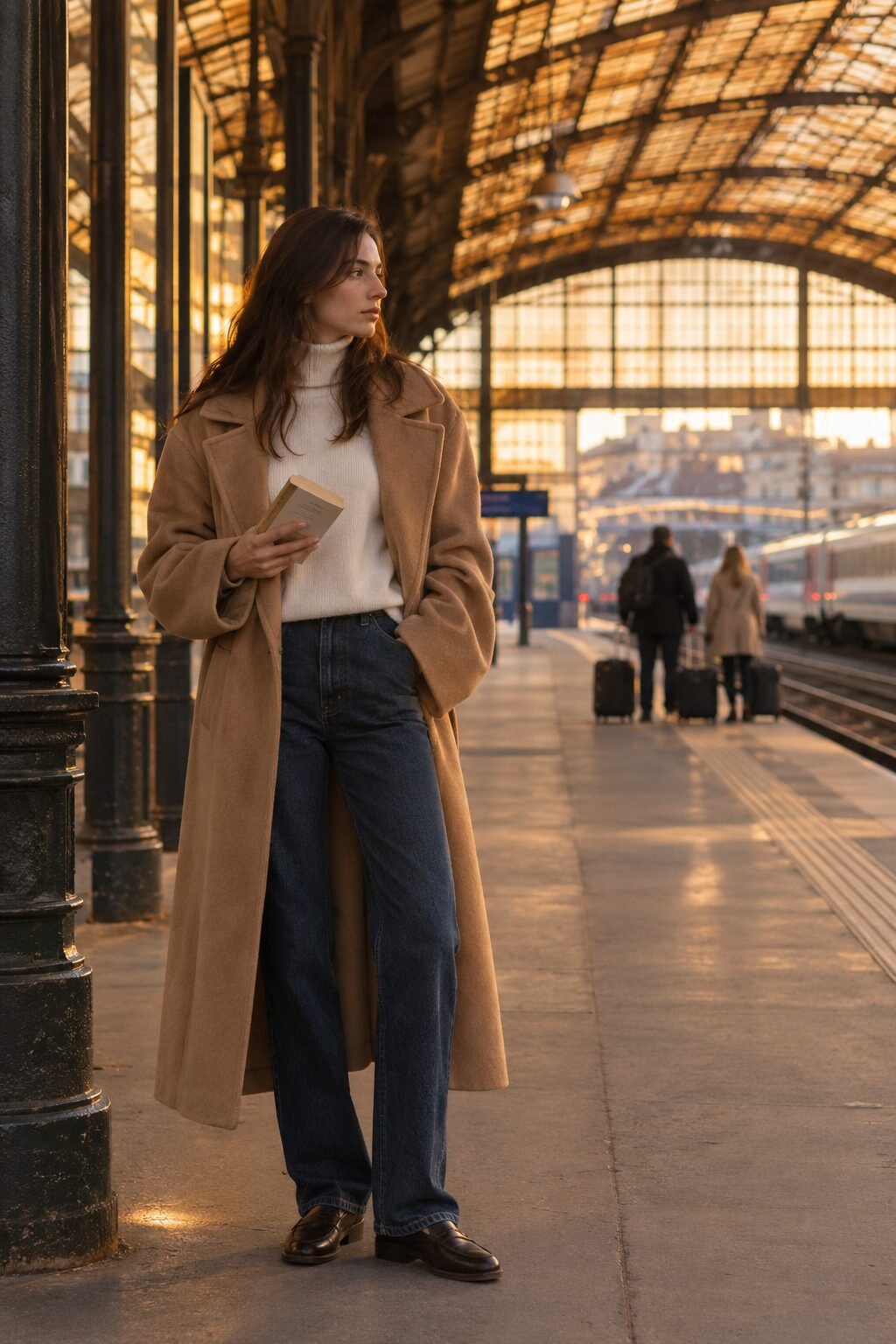 investment 2027 fashion trend: oversized camel wool coat over cashmere turtleneck and straight indigo denim