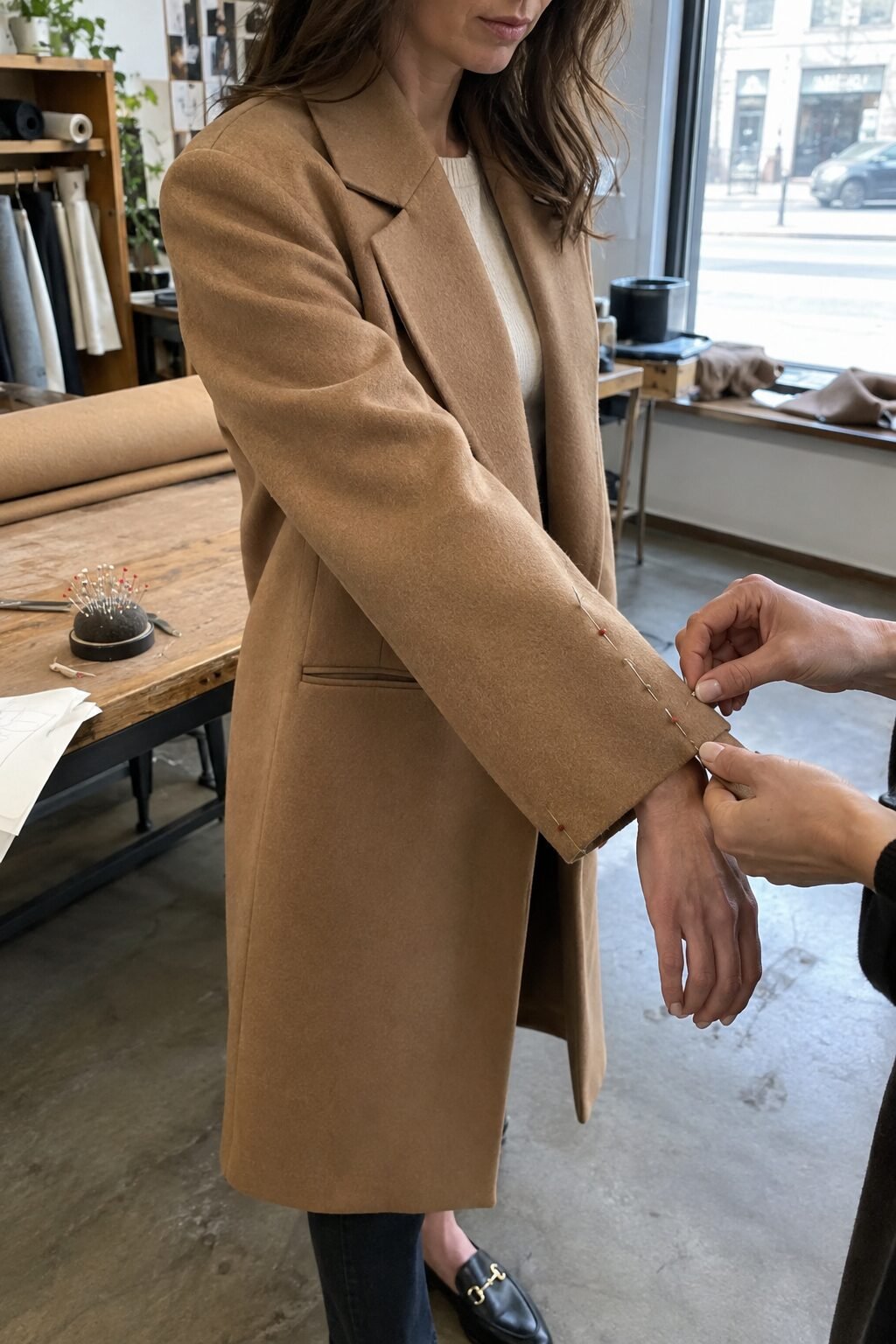 Woman having a coat sleeve pinned for alterations by a tailor