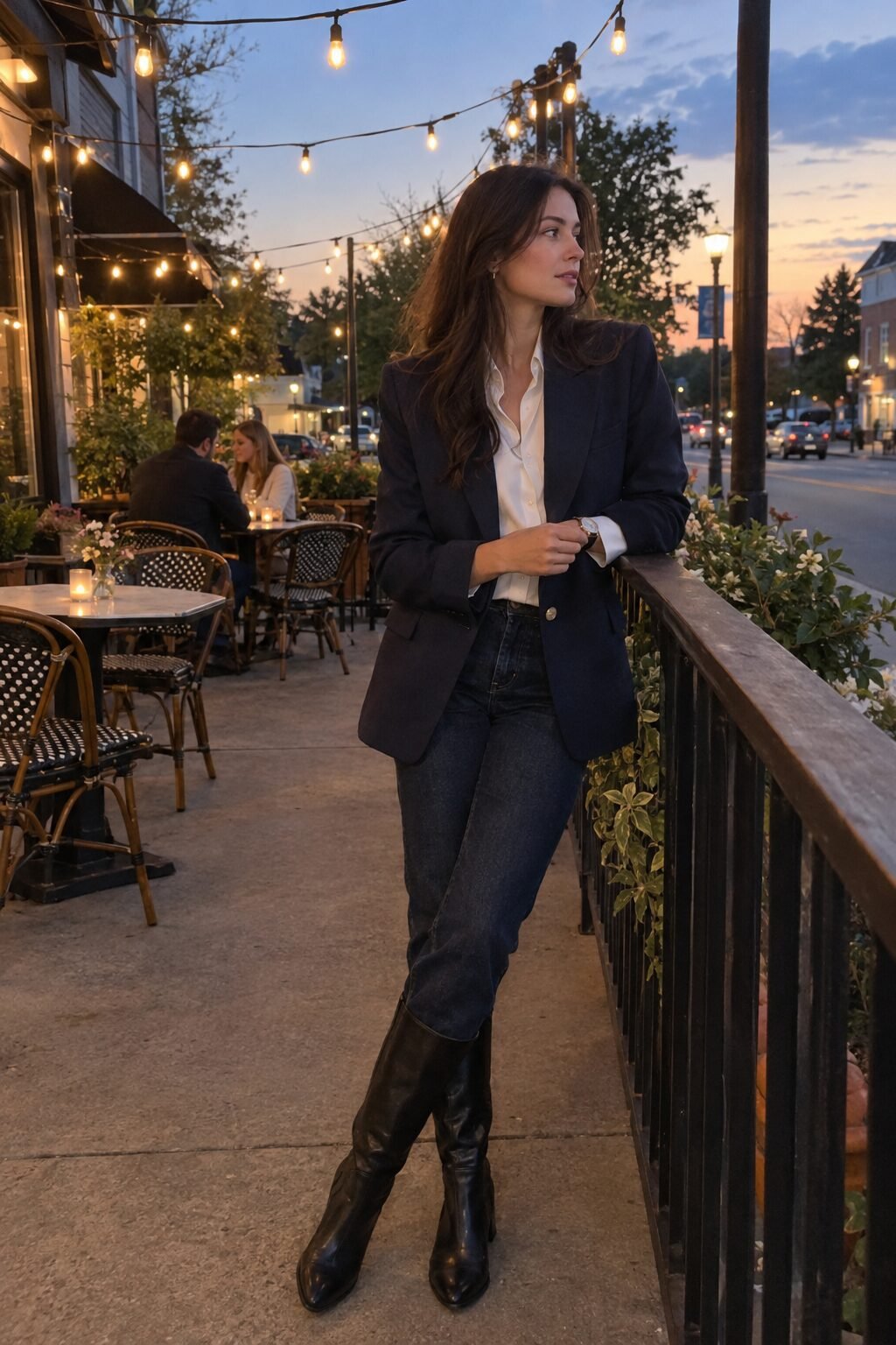 old money style essentials dinner date outfit: navy blazer, silk blouse, straight-leg jeans, black knee-high boots