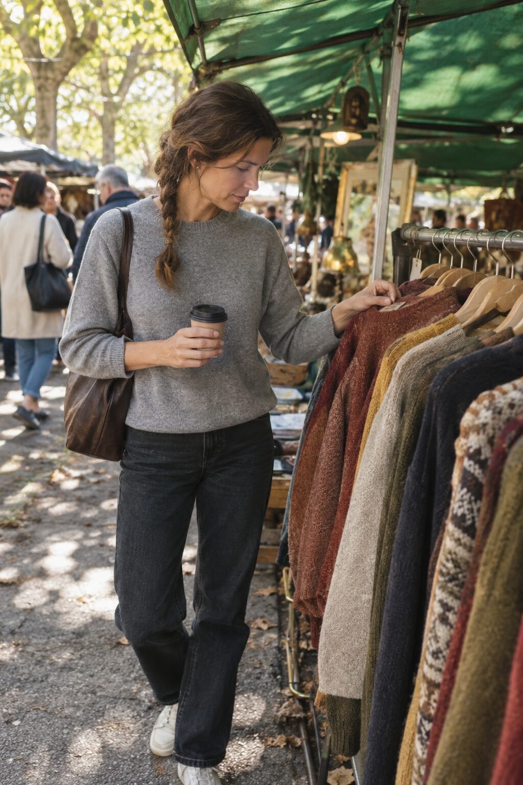 woman reading the composition label sewn inside a knit sweater at a boutique