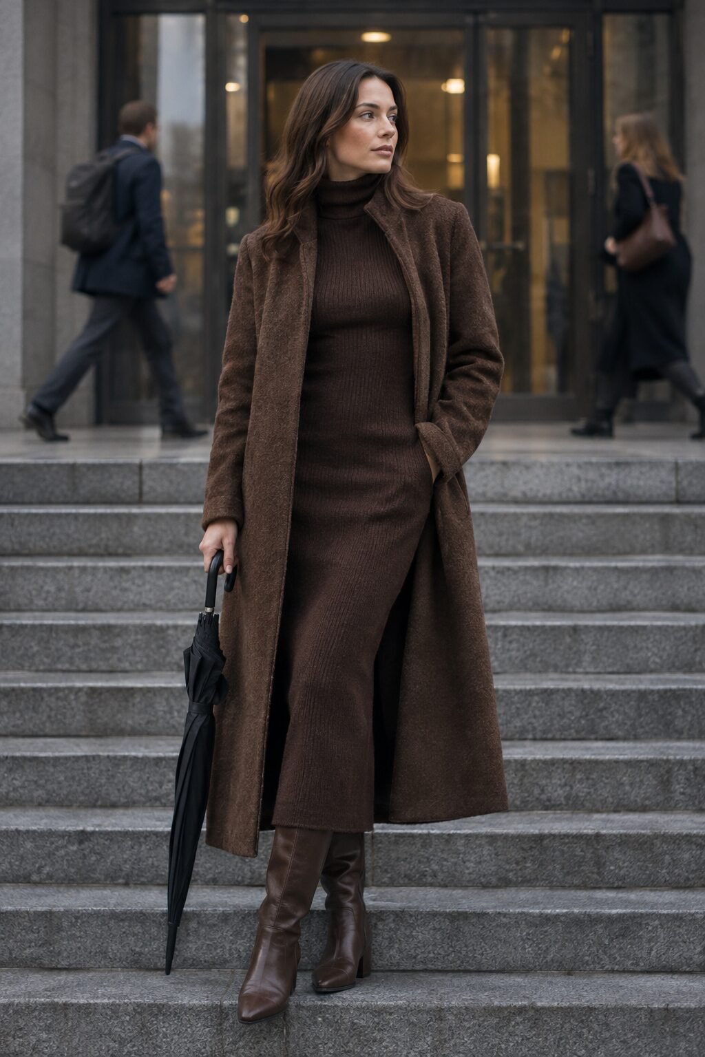 winter office outfit: chocolate brown turtleneck sweater dress, tall boots, and structured wool coat