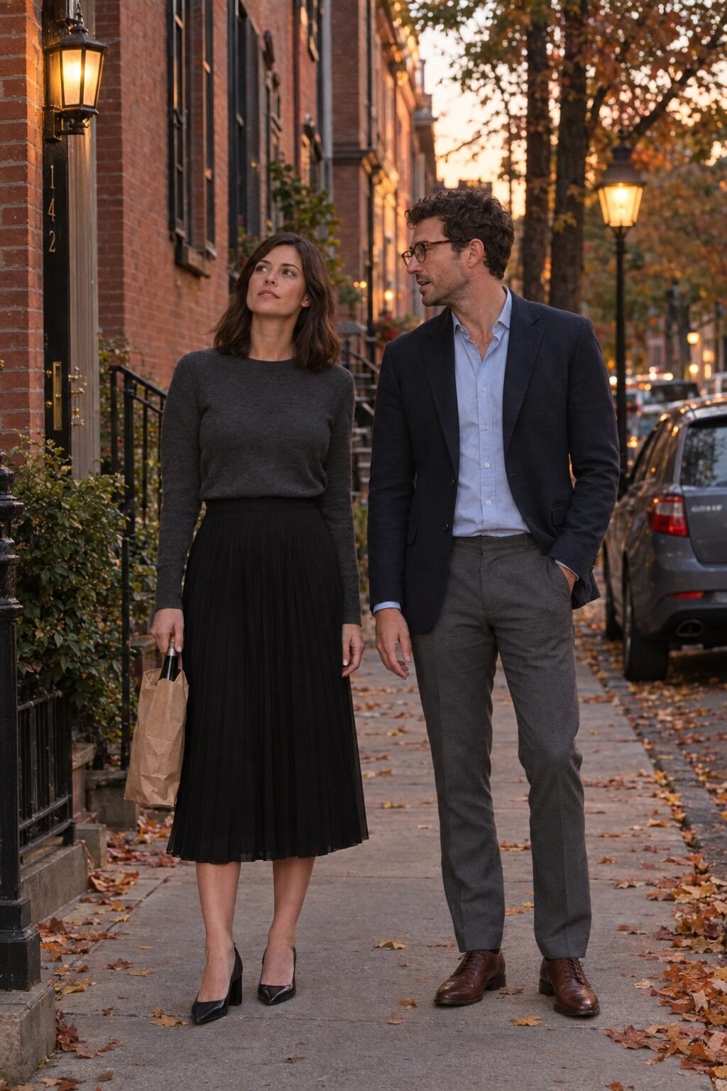 old money outfit for meeting his parents: dark gray merino sweater, black pleated chiffon midi skirt and black block-heel pumps